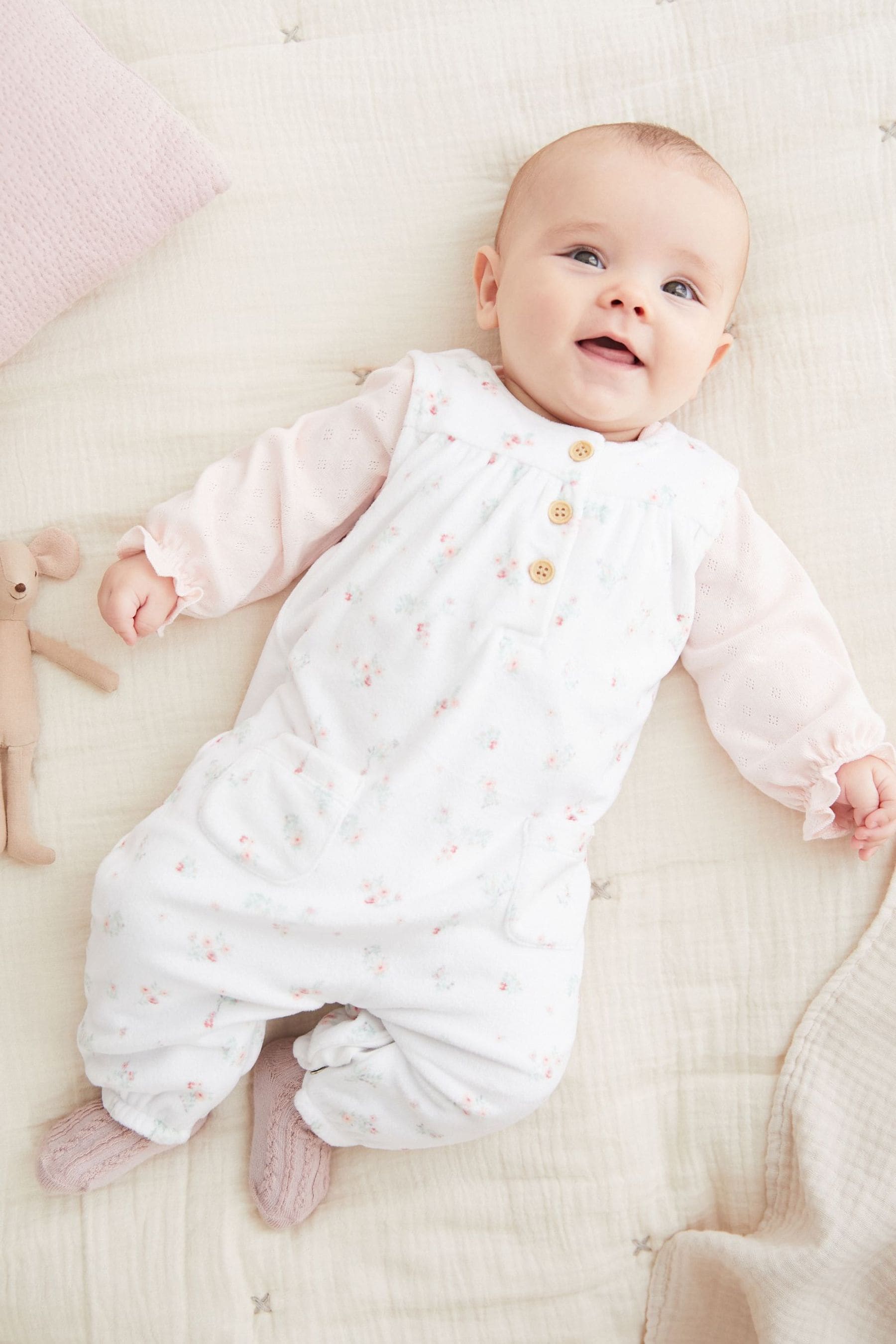 White/Pink Floral Print Velour Baby Dungaree And Pointel Bodysuit (0-12mths)