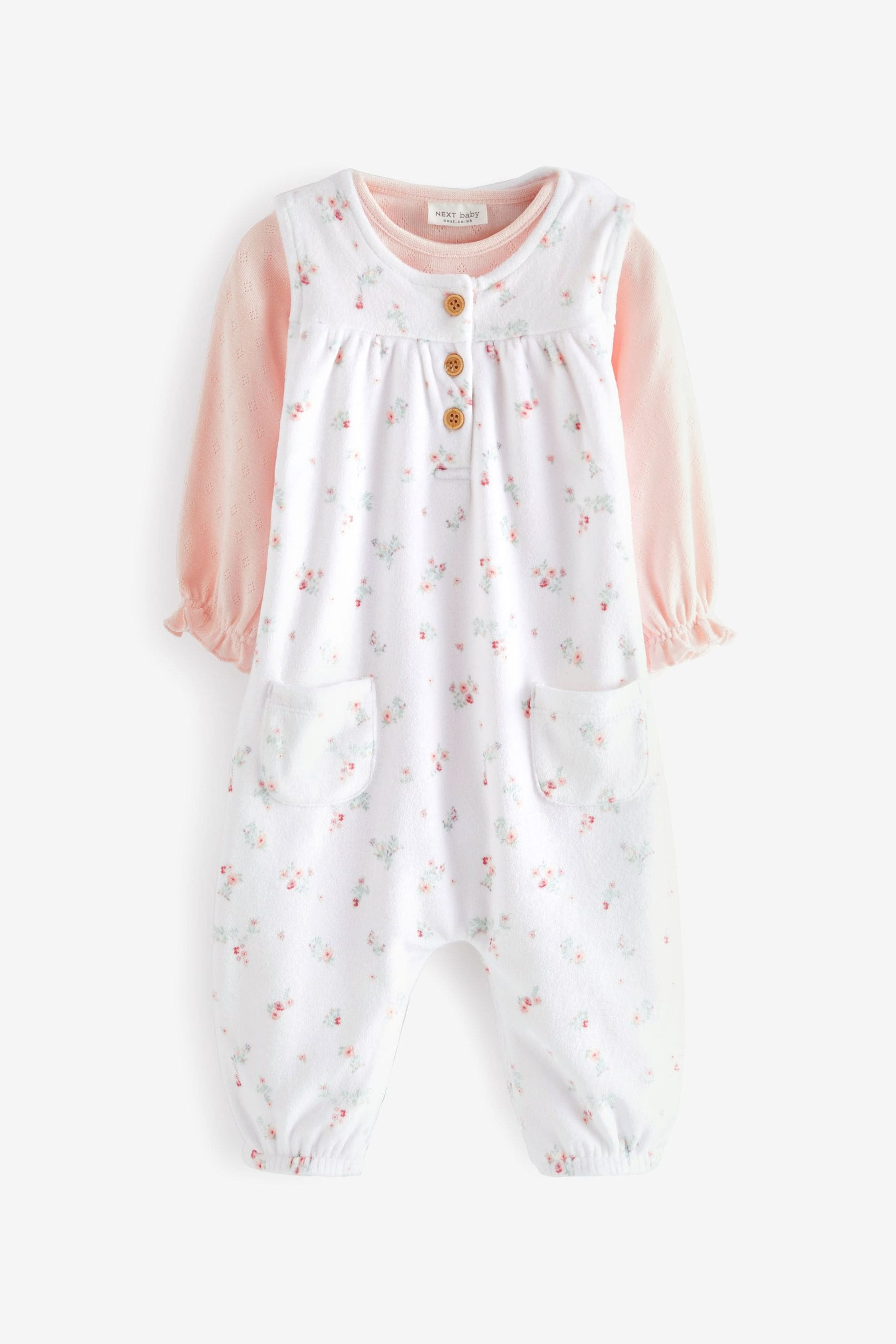 White/Pink Floral Print Velour Baby Dungaree And Pointel Bodysuit (0-12mths)