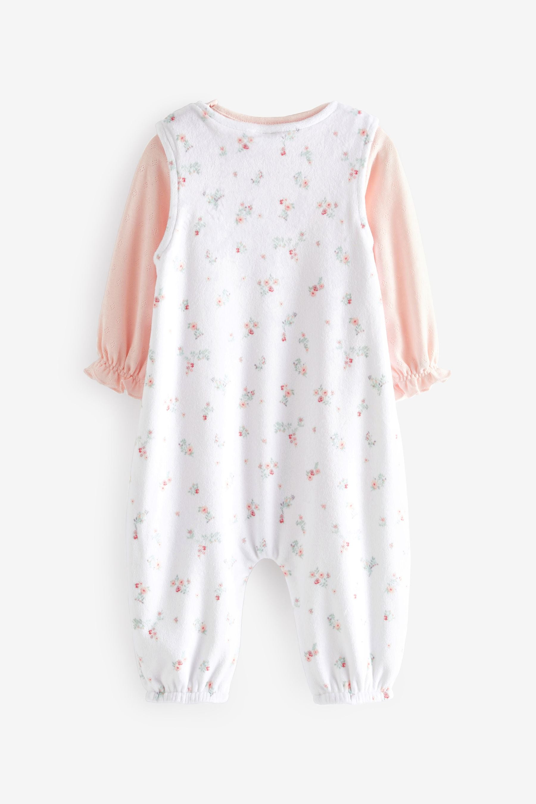 White/Pink Floral Print Velour Baby Dungaree And Pointel Bodysuit (0-12mths)