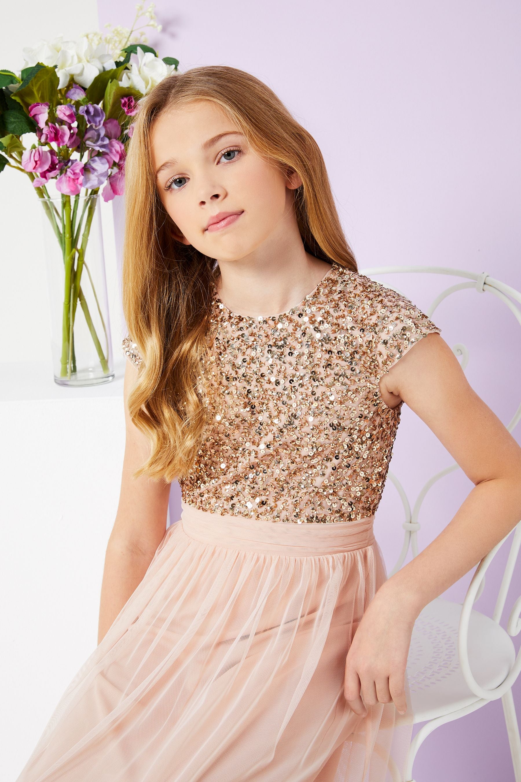 Blush Pink Lipsy Sequin Bodice Occasion Maxi Dress