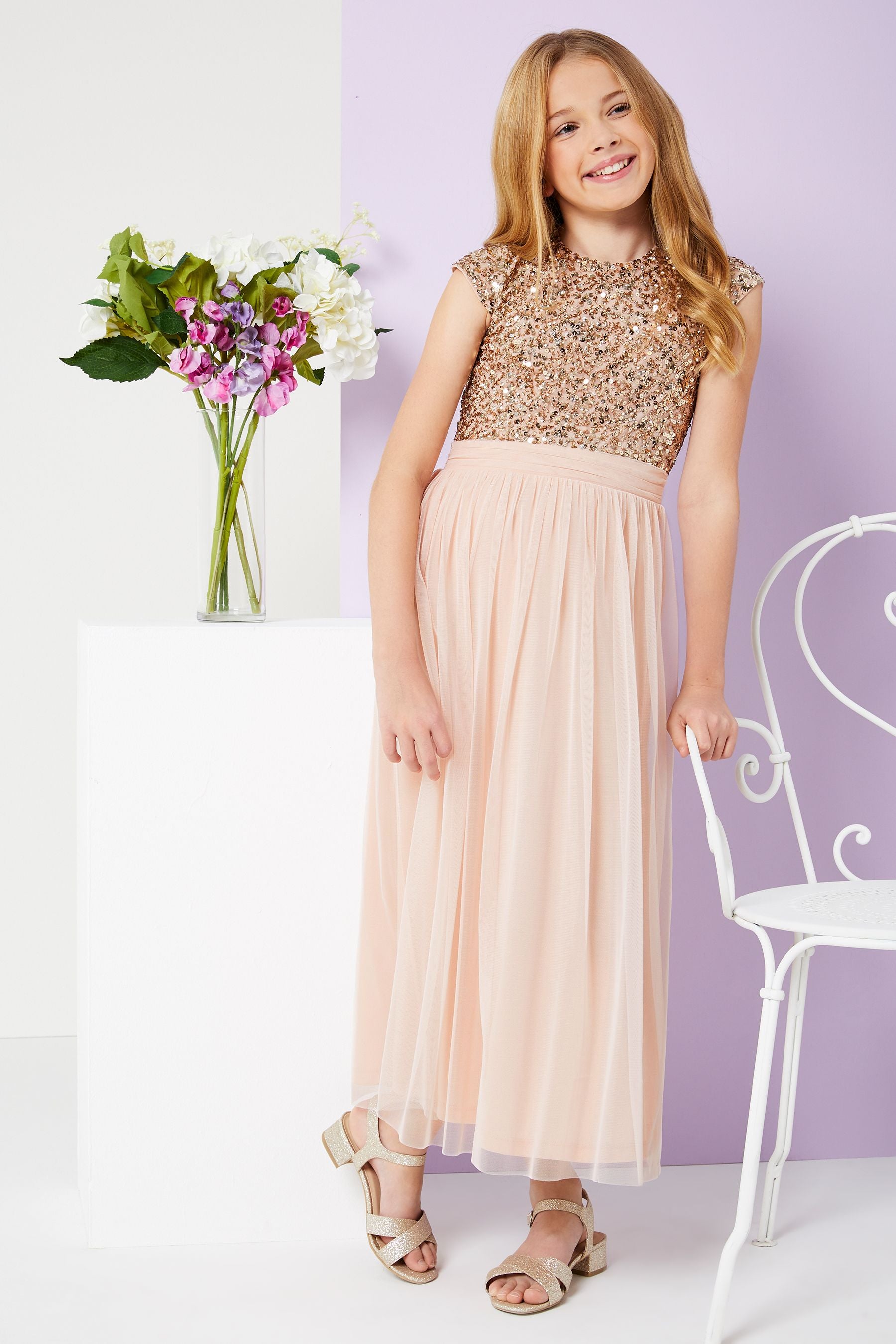 Blush Pink Lipsy Sequin Bodice Occasion Maxi Dress