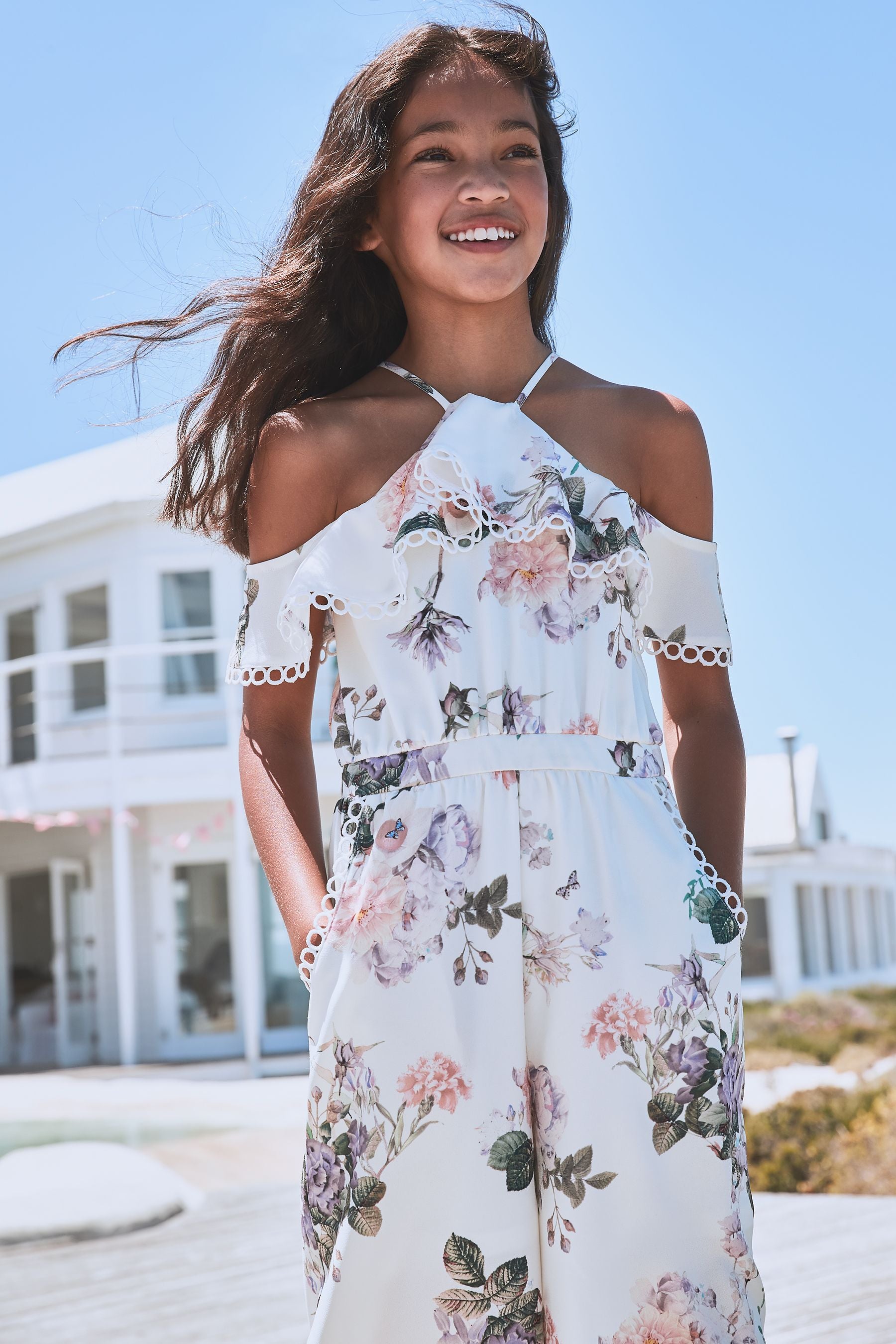 White Floral Lipsy Cold Shoulder Trim Jumpsuit