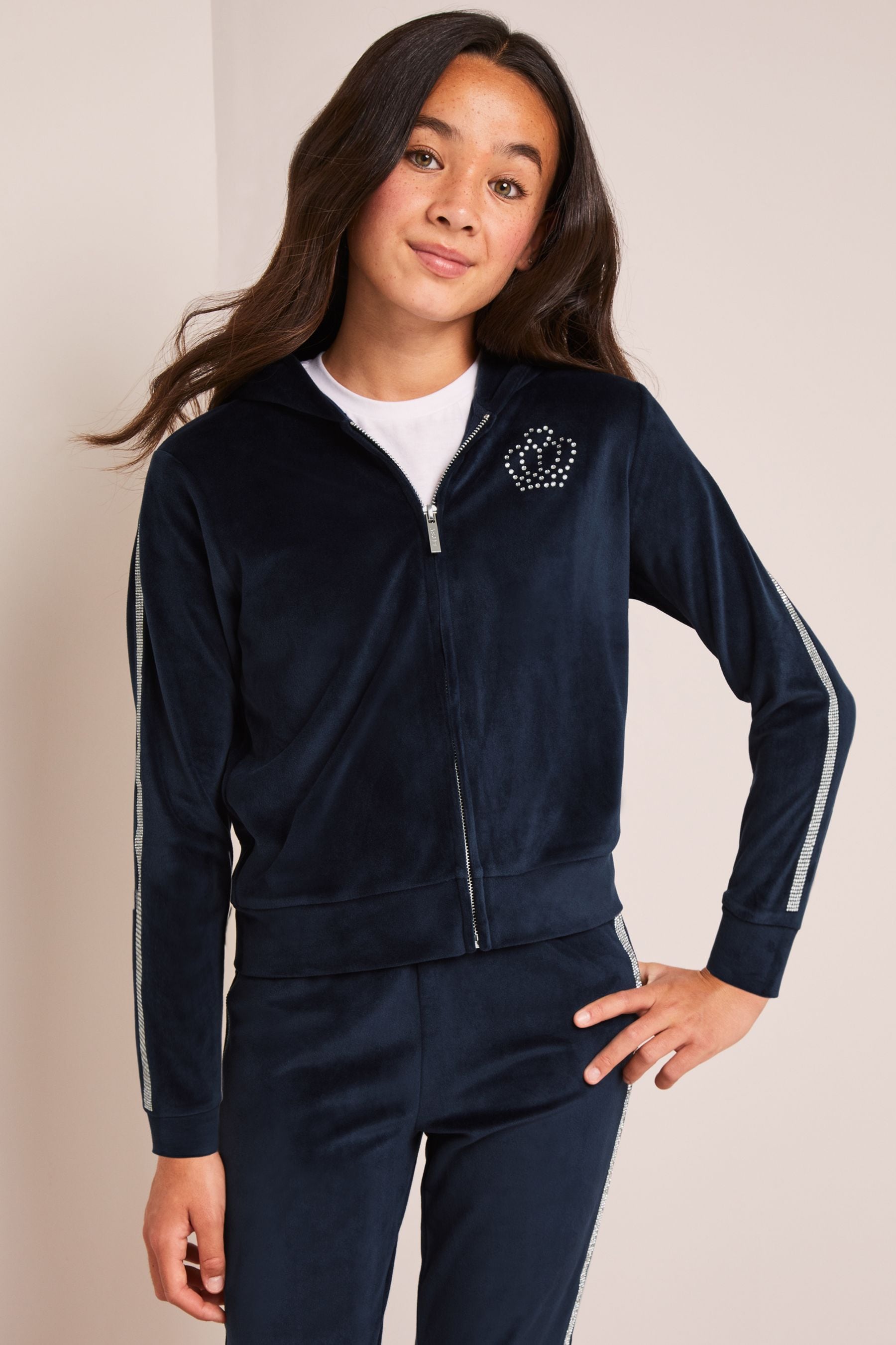 Navy Blue Lipsy Embellished Velour Zip Up Hoodie