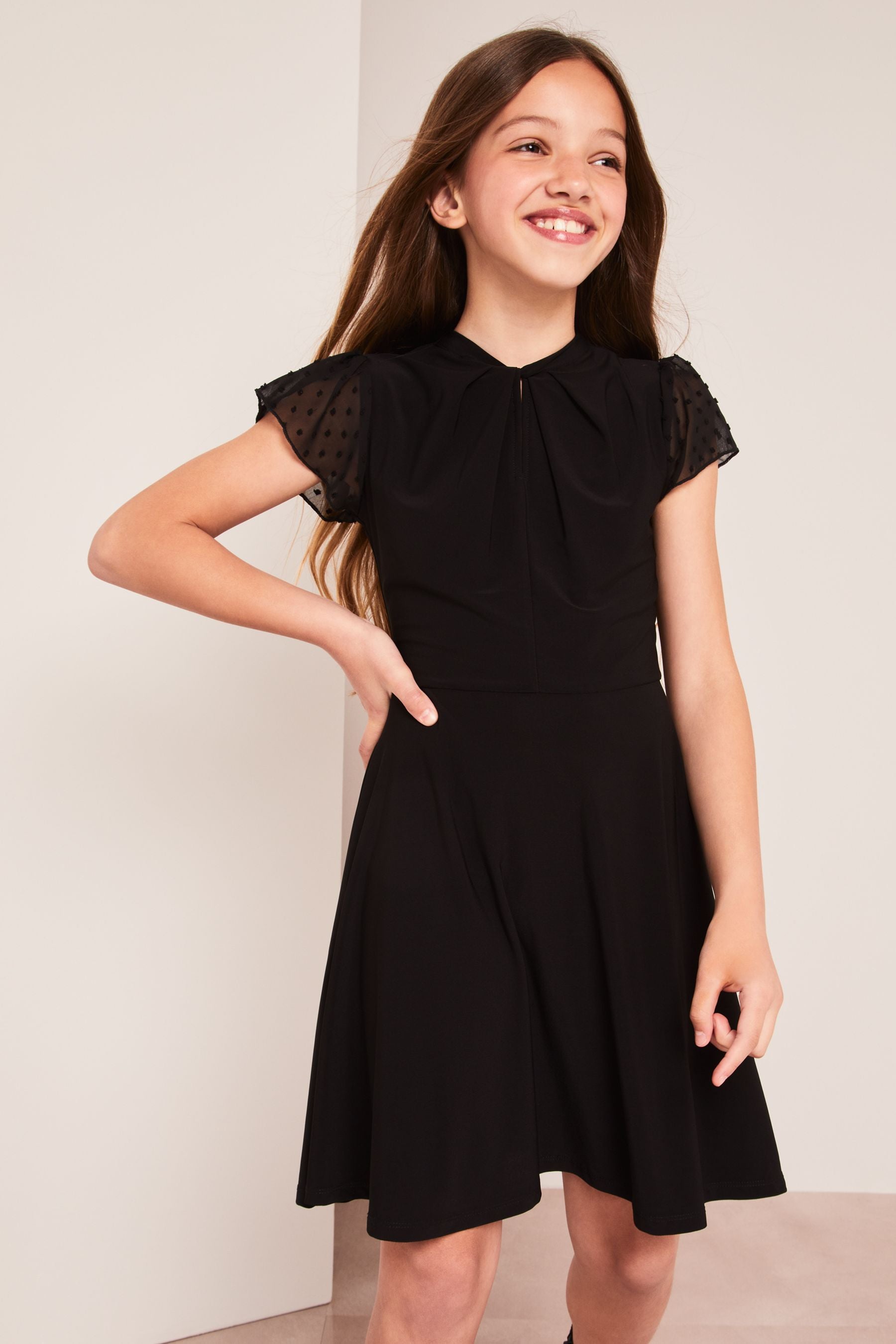 Black Dobby Sleeve Lipsy Twist Neck Flutter Sleeve Dress