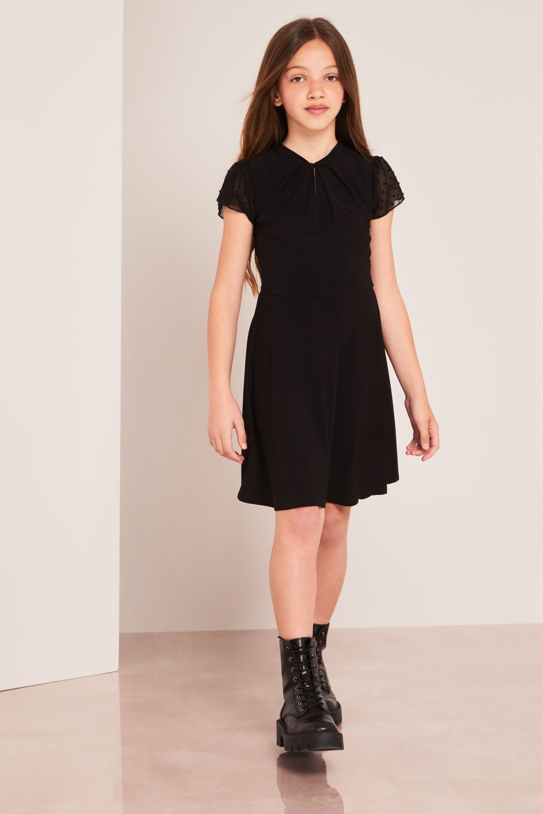 Black Dobby Sleeve Lipsy Twist Neck Flutter Sleeve Dress