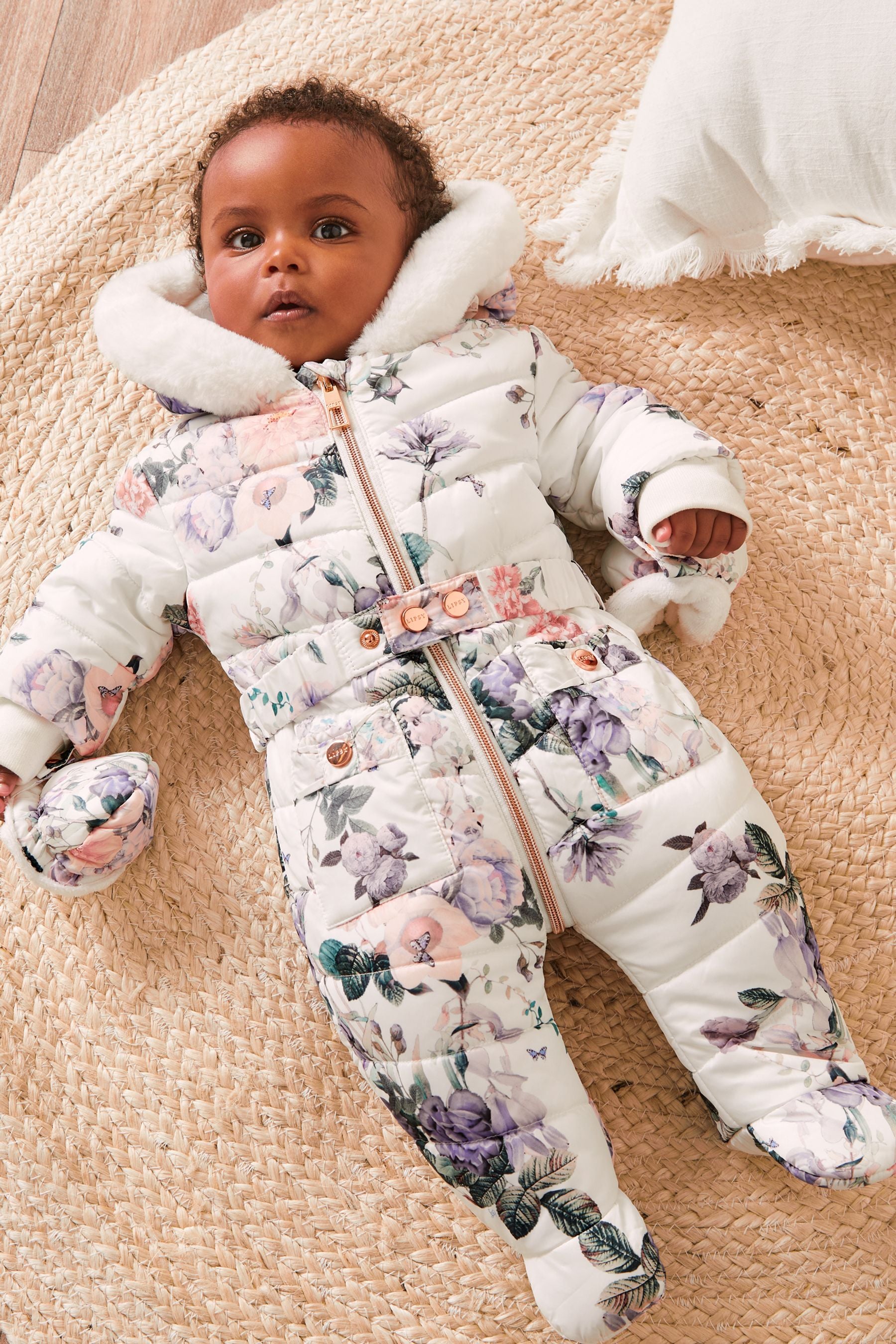 White Floral Lipsy Baby Snowsuit