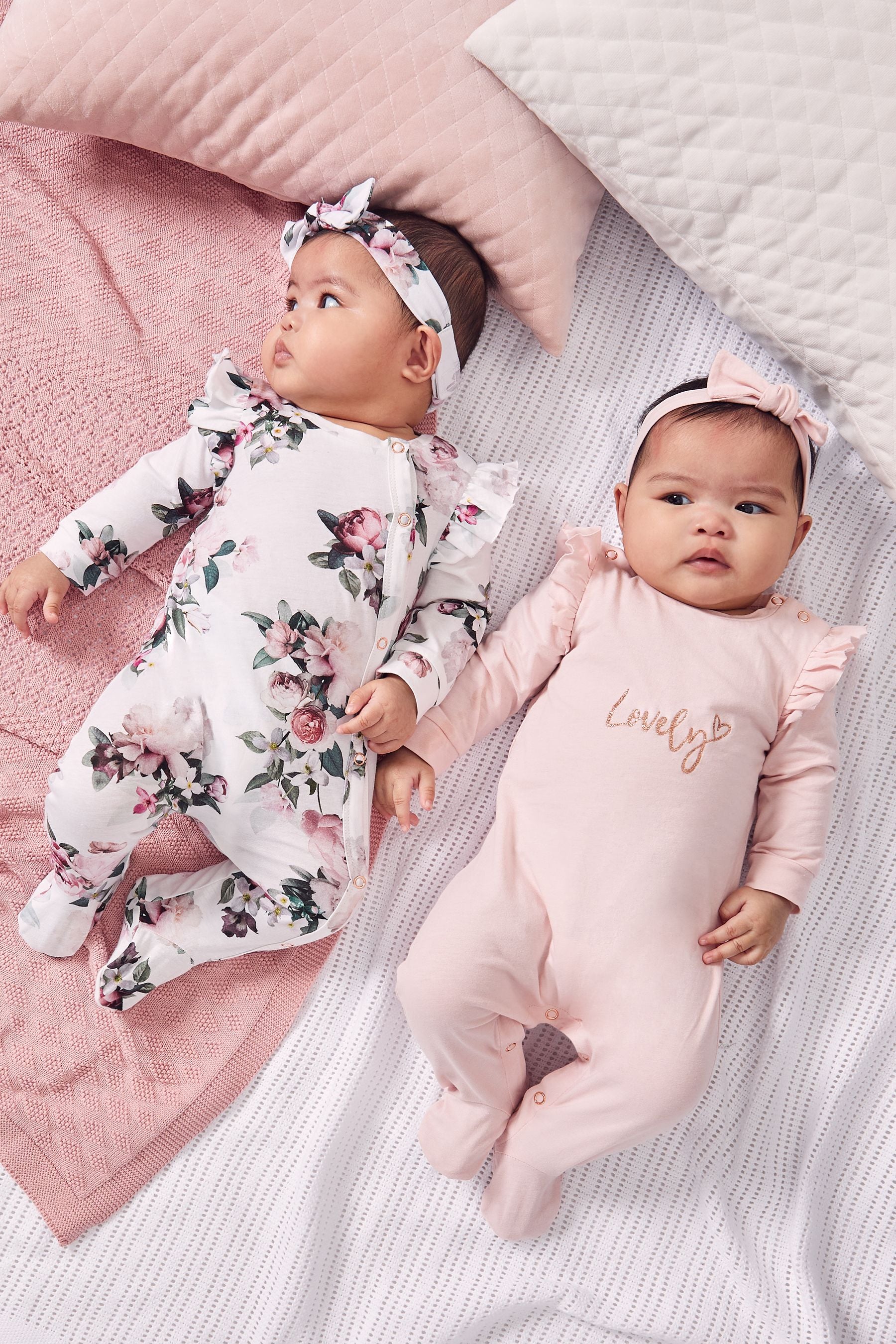 Pink And White Floral Lipsy Baby 2 Pack Sleepsuit and Headbands