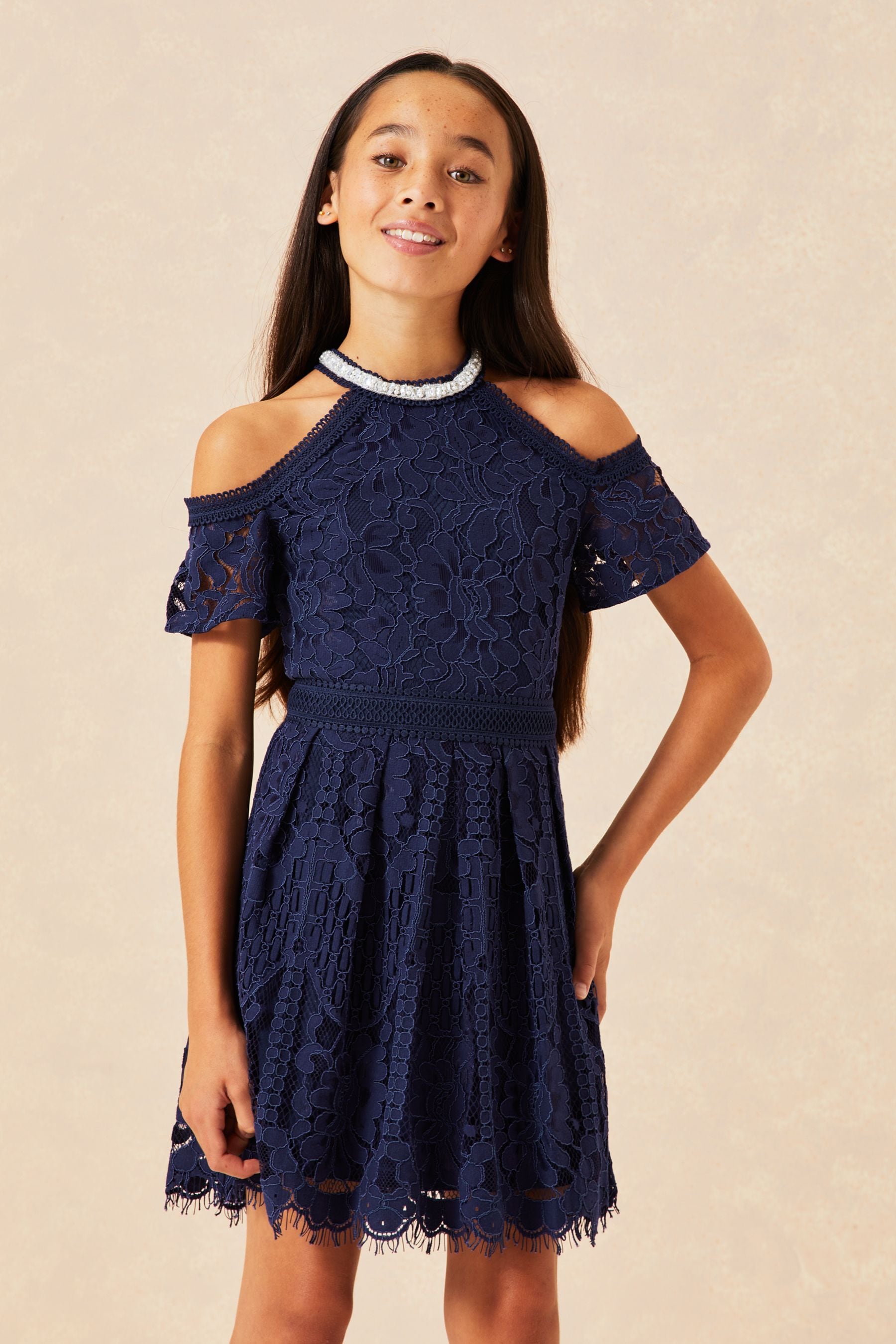 Navy Lipsy Cold Shoulder Lace Occasion Dress