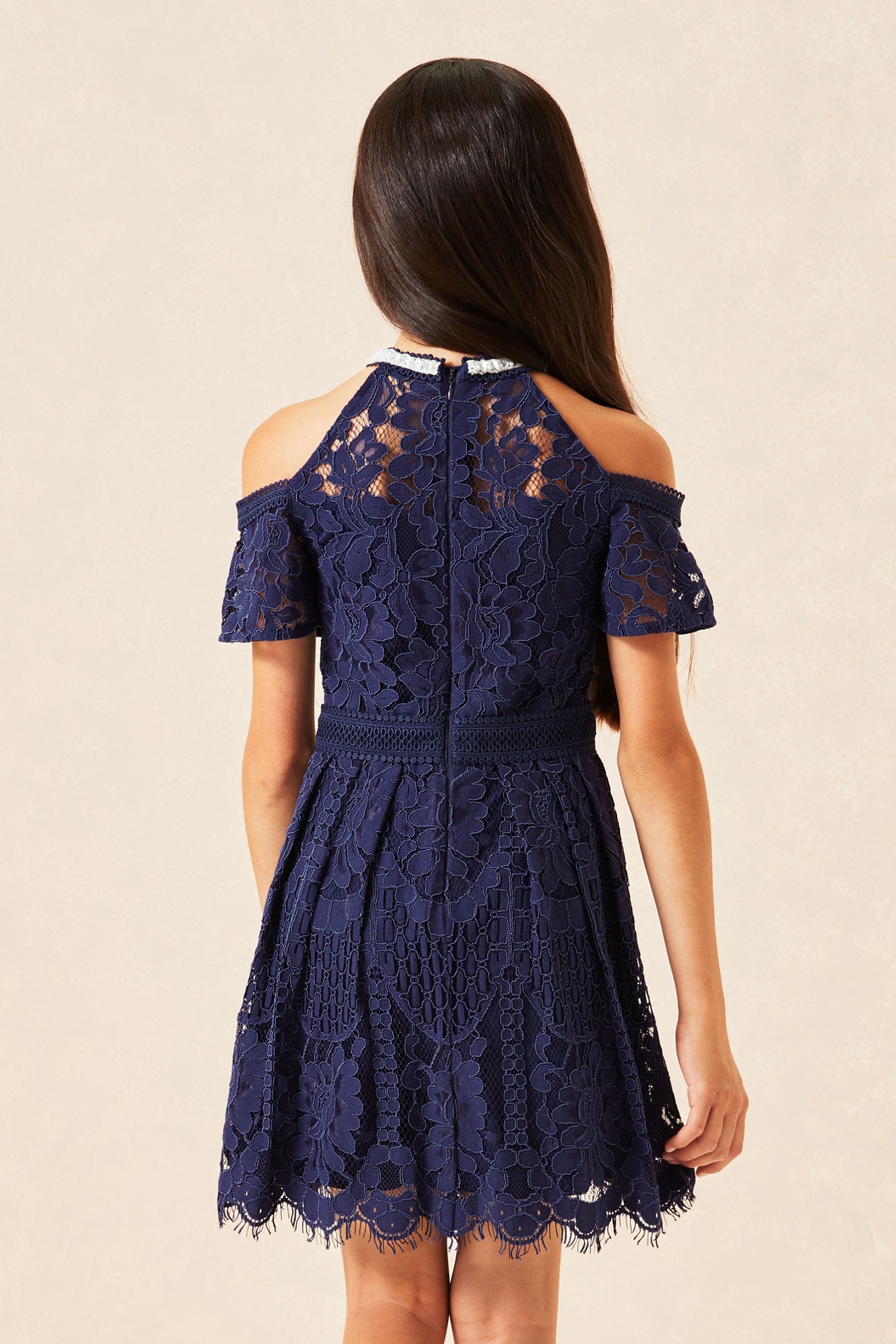 Navy Lipsy Cold Shoulder Lace Occasion Dress