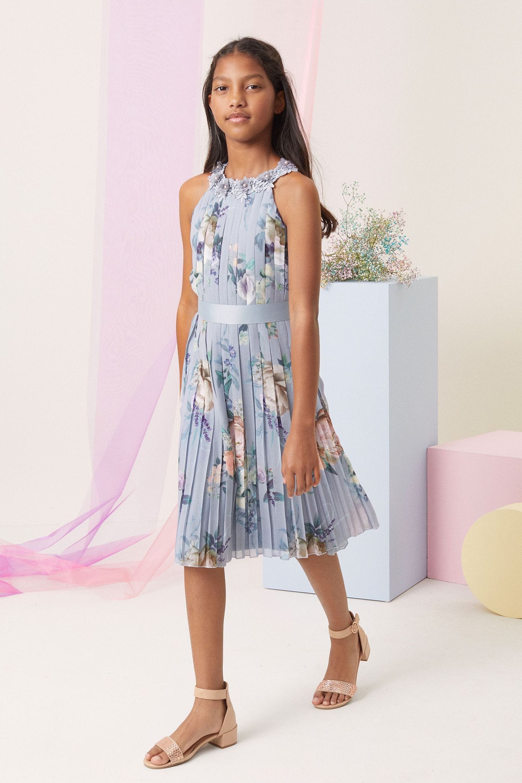 Blue Floral Lipsy Pleated Chiffon Occasion Dress