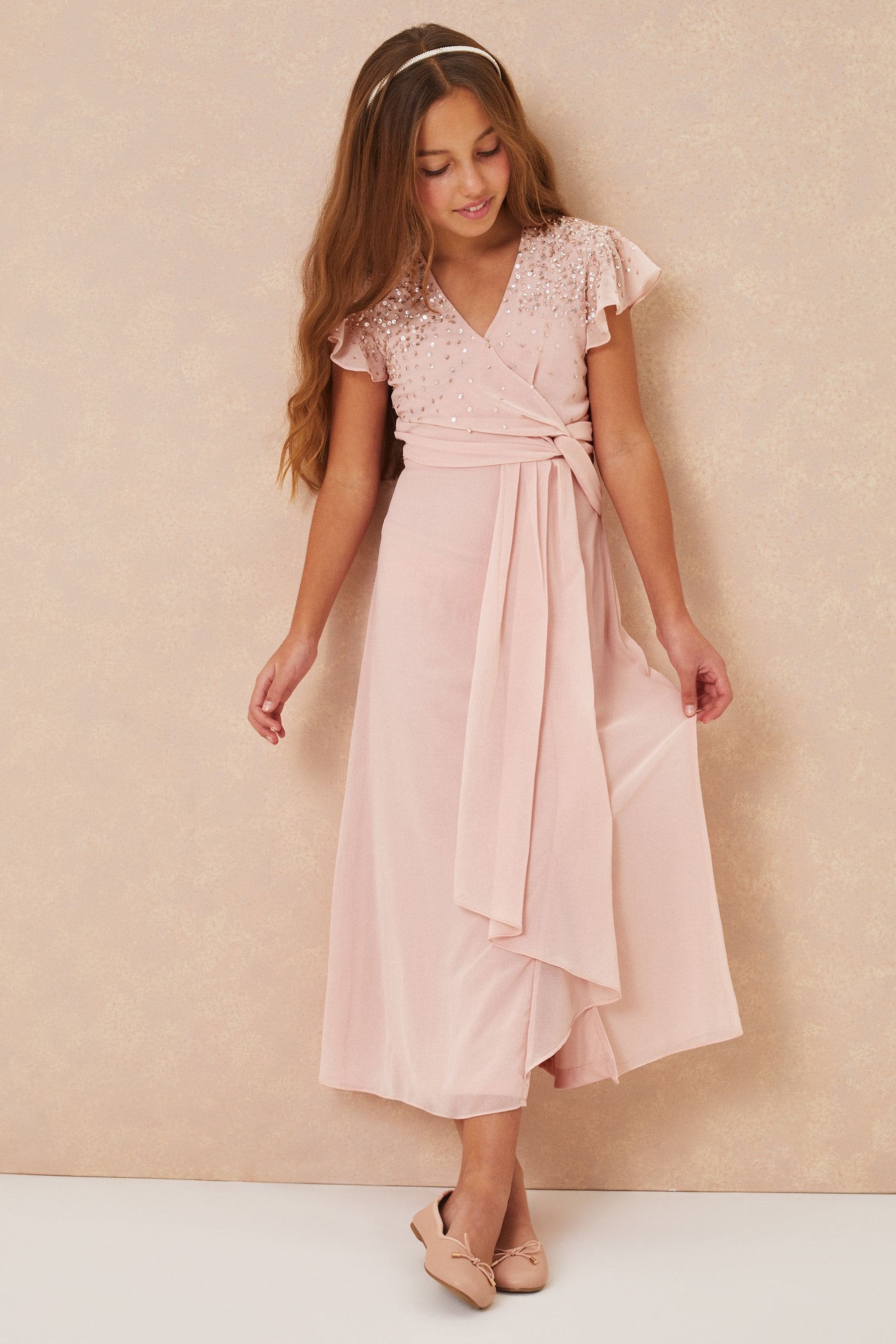 Pink Embellished Lipsy Angel Sleeve Occasion Maxi Dress - Teen