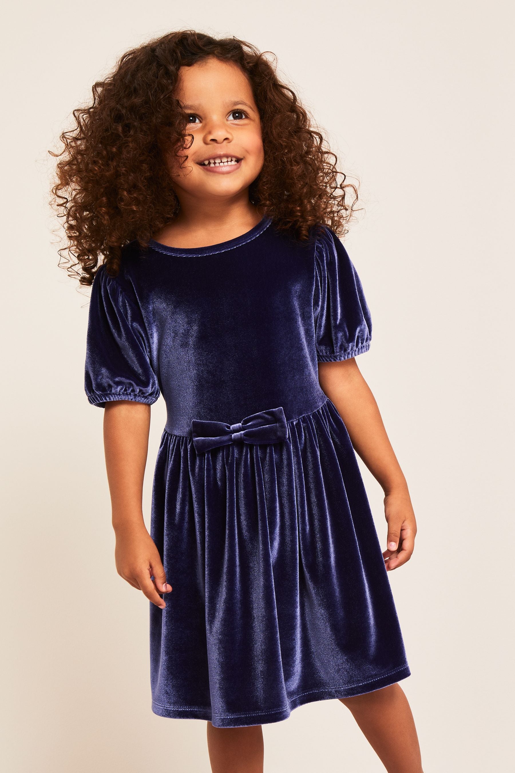 Navy Blue Lipsy Puff Sleeve Velvet Dress (0-6yrs)