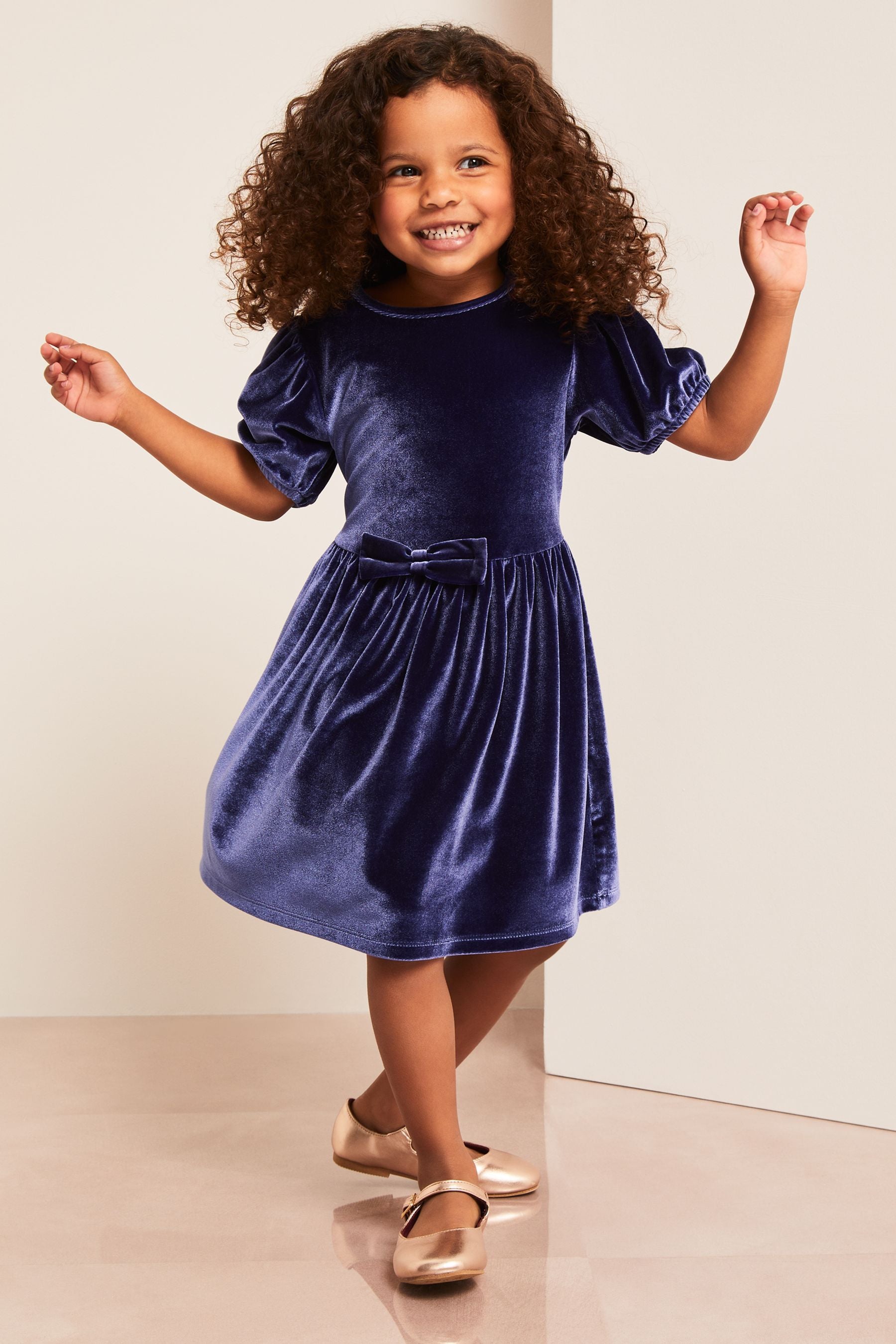 Navy Blue Lipsy Puff Sleeve Velvet Dress (0-6yrs)