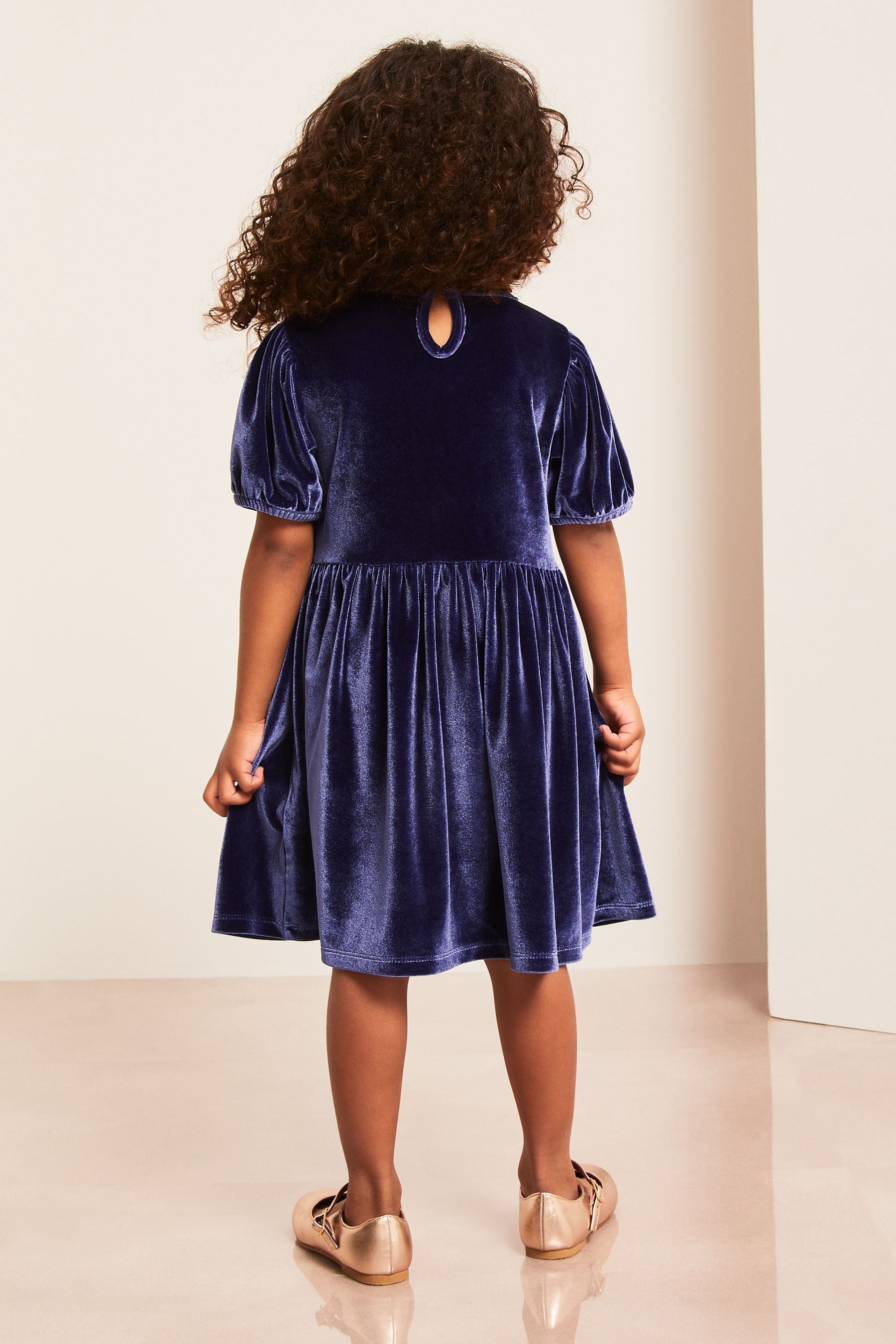 Navy Blue Lipsy Puff Sleeve Velvet Dress (0-6yrs)