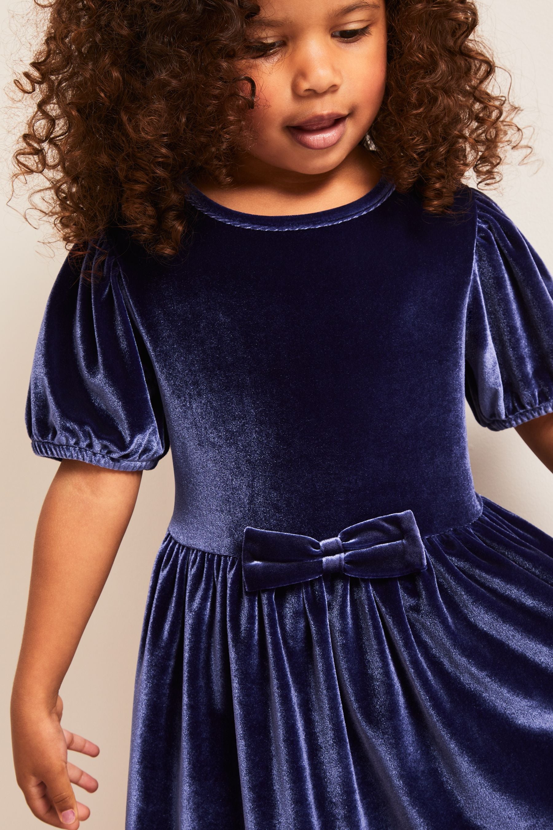 Navy Blue Lipsy Puff Sleeve Velvet Dress (0-6yrs)