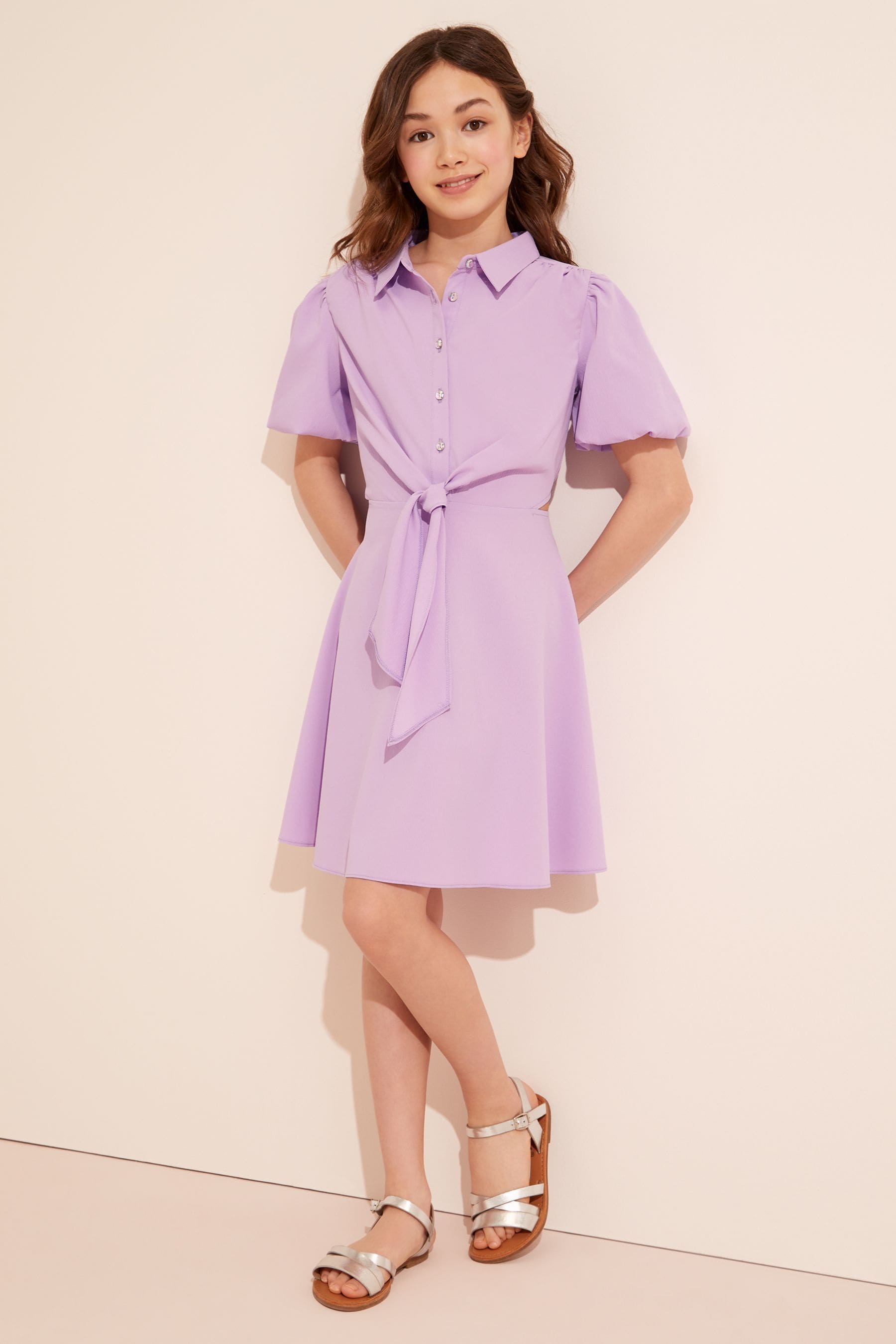 Lilac Lipsy Poplin Diamonte Button Shirt Dress