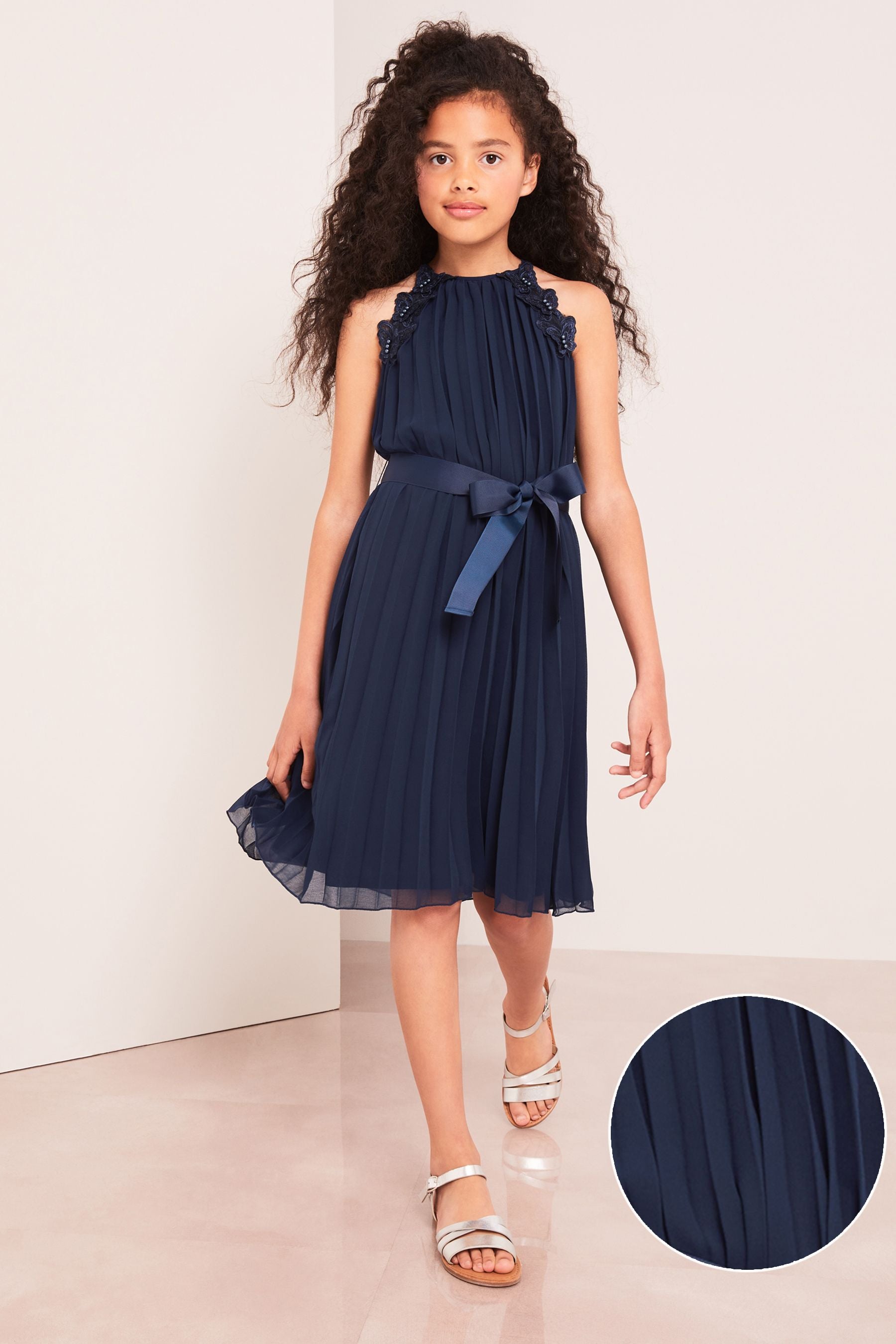 Navy Lipsy Pleated Chiffon Occasion Dress