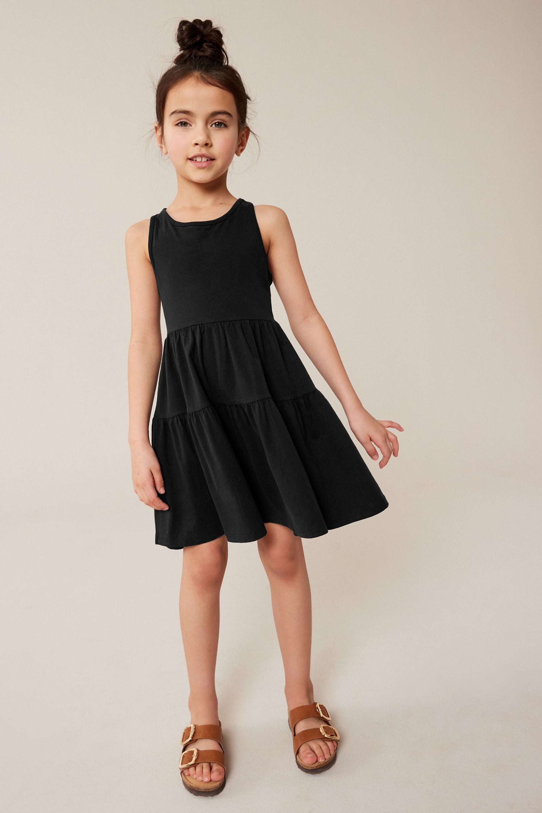 Black Jersey Back Detail Tiered Dress (3-16yrs)