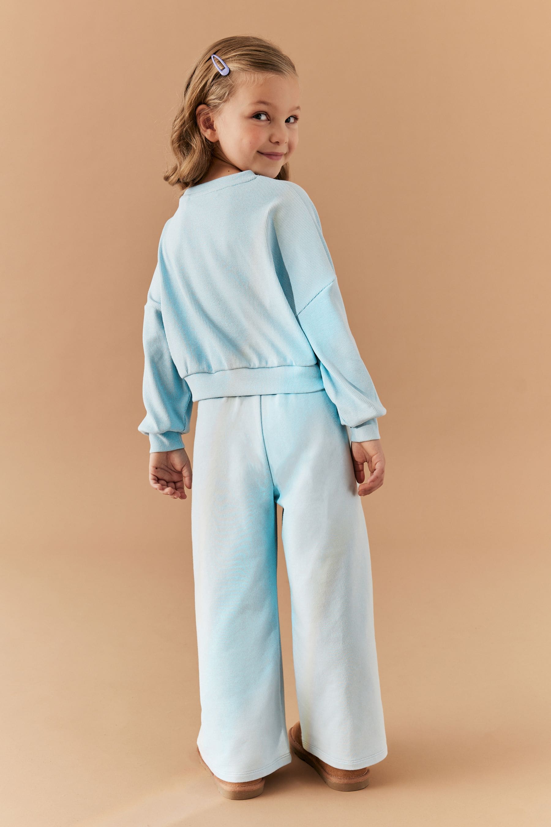 Blue Rib Cuffed Top & Wide Leg Joggers Set (2-16yrs)