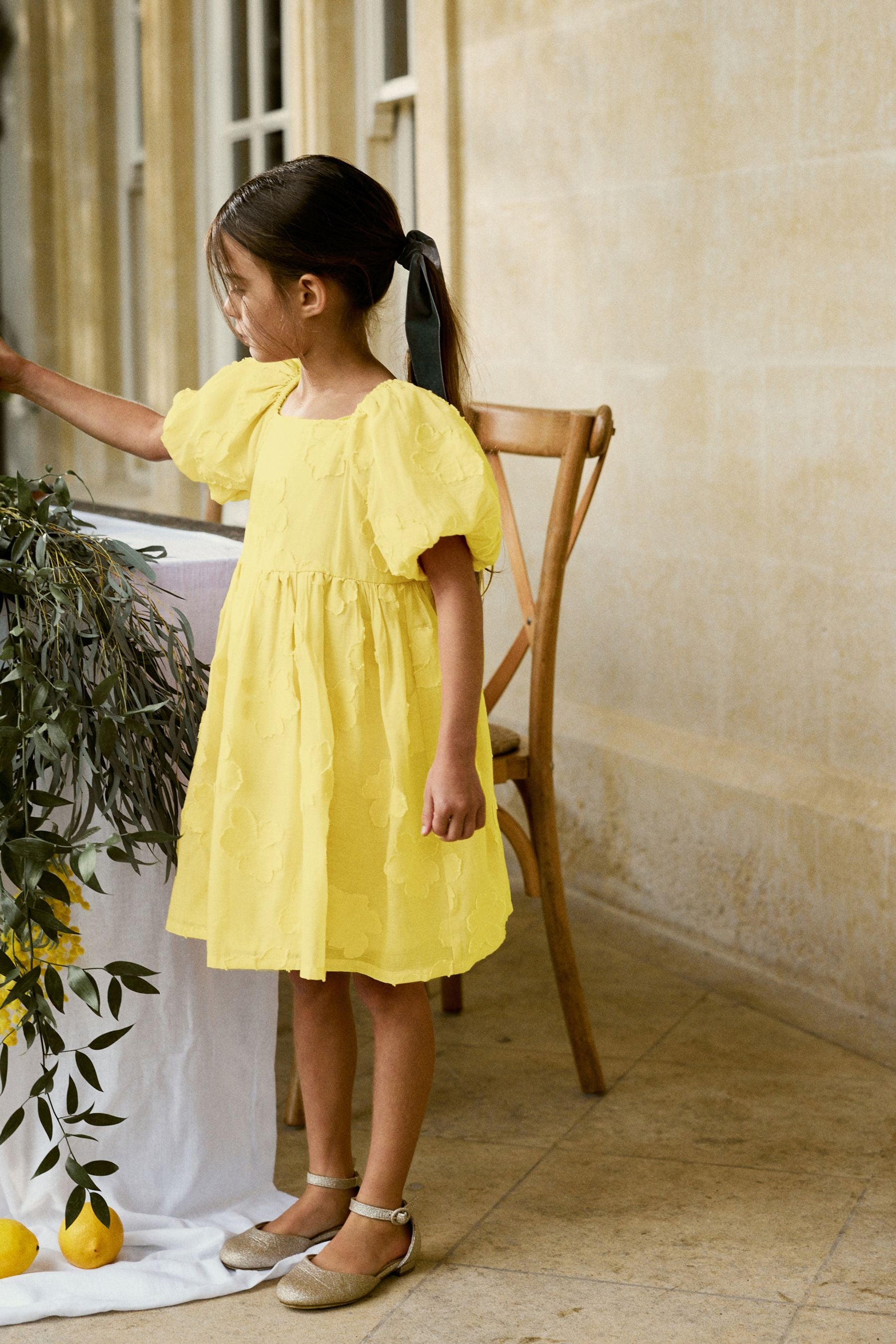 Soft Yellow Floral Texture Dress (3-16yrs)