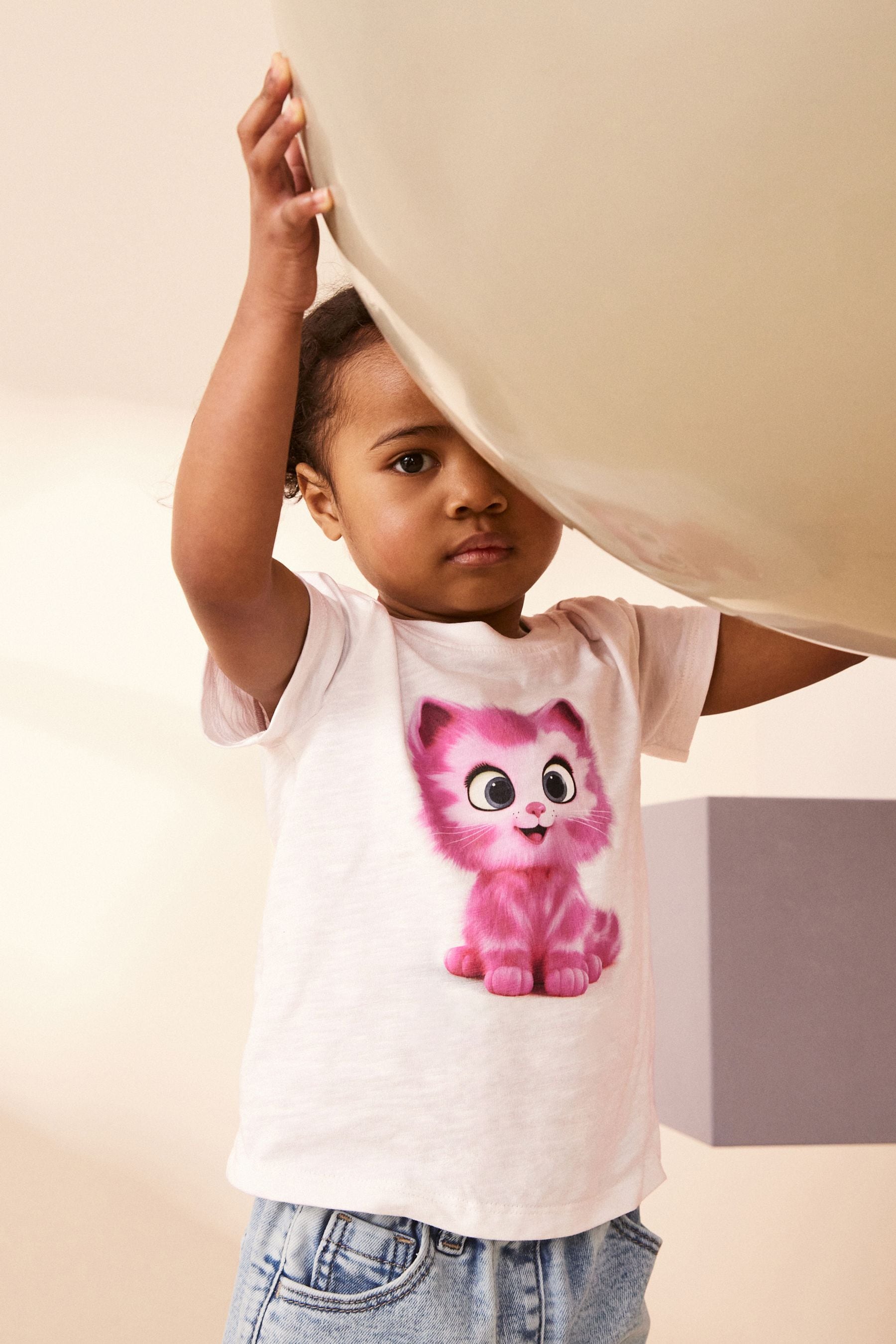 White Pink Cat Short Sleeve T-Shirt (3mths-7yrs)