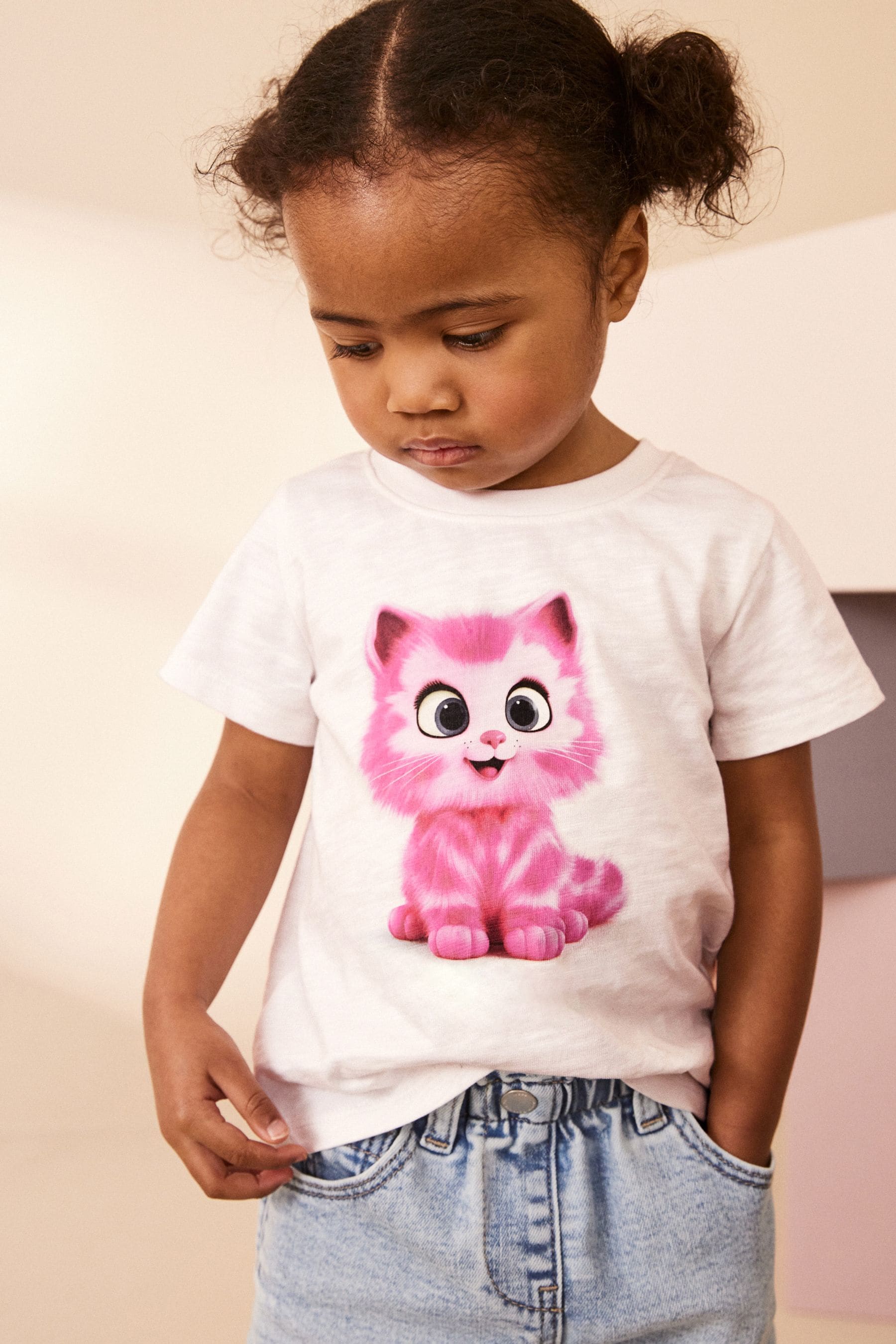 White Pink Cat Short Sleeve T-Shirt (3mths-7yrs)