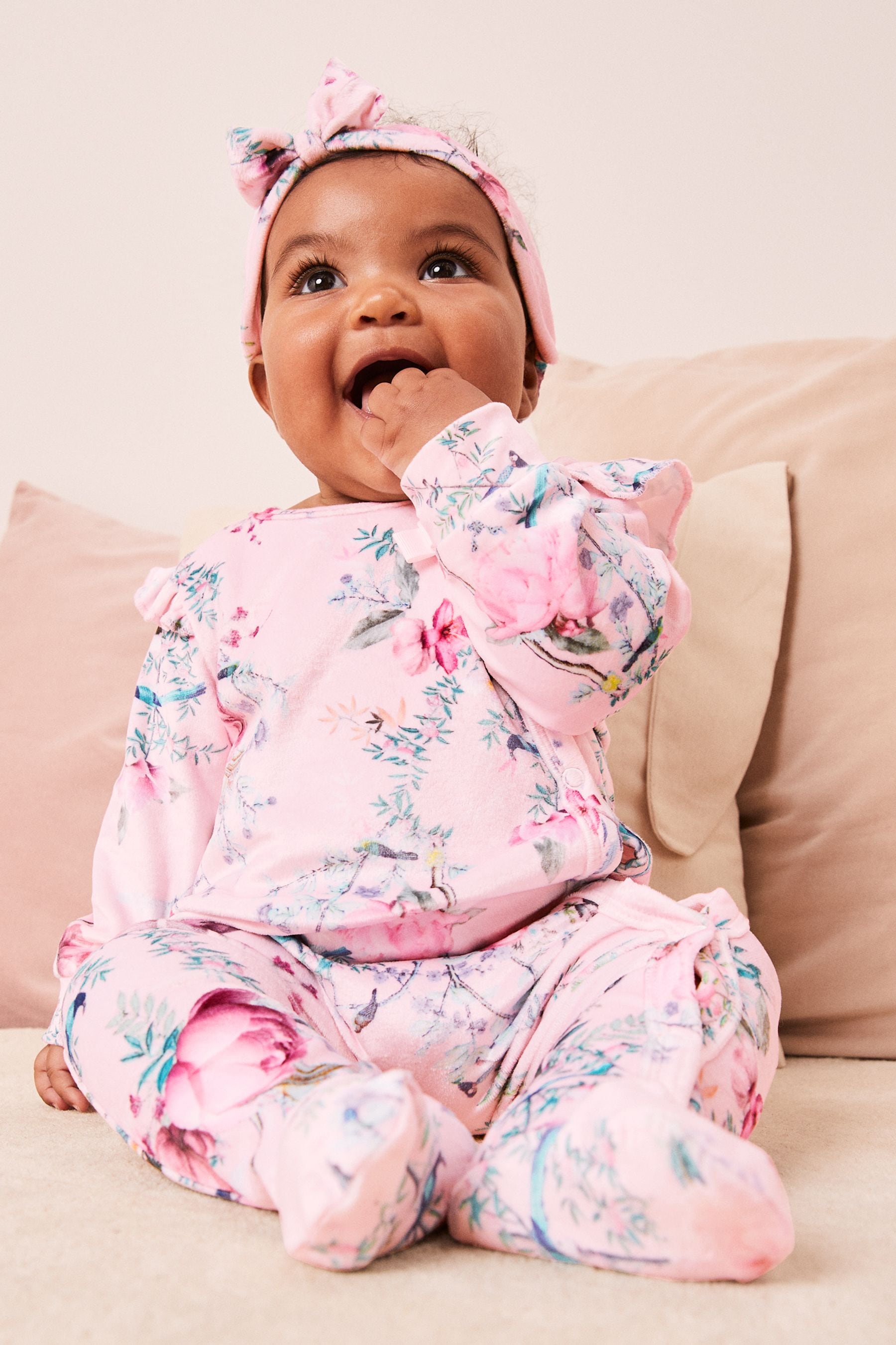 Pink Lipsy Velour Sleepsuit With Matching Headband