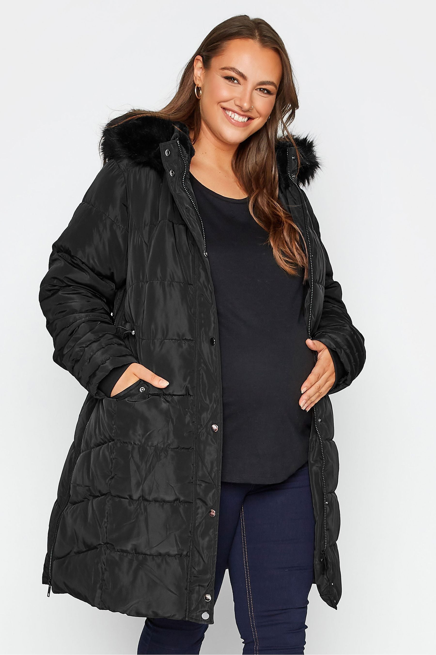 Black Bump It Up Maternity Panelled Midi Puffer Coat