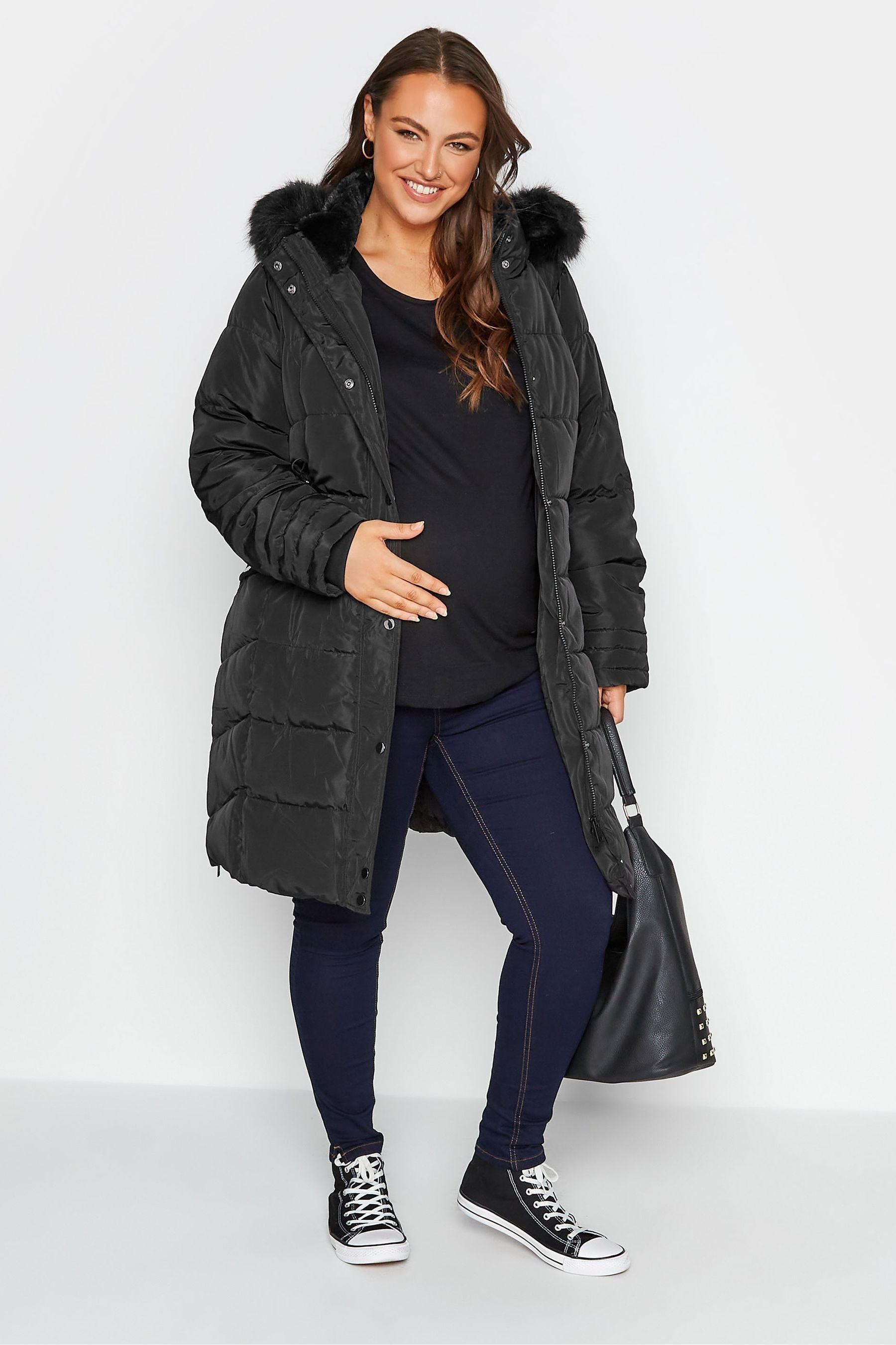 Black Bump It Up Maternity Panelled Midi Puffer Coat