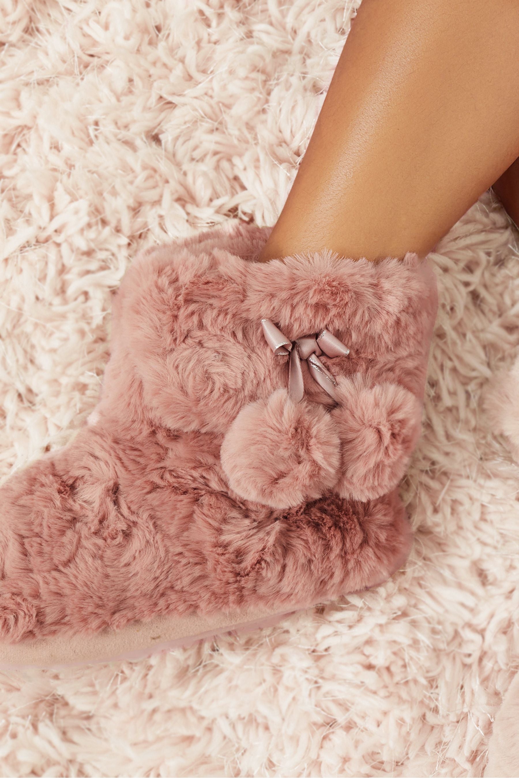 Nude Pink Lipsy Faux Fur Pom Bootie Slippers