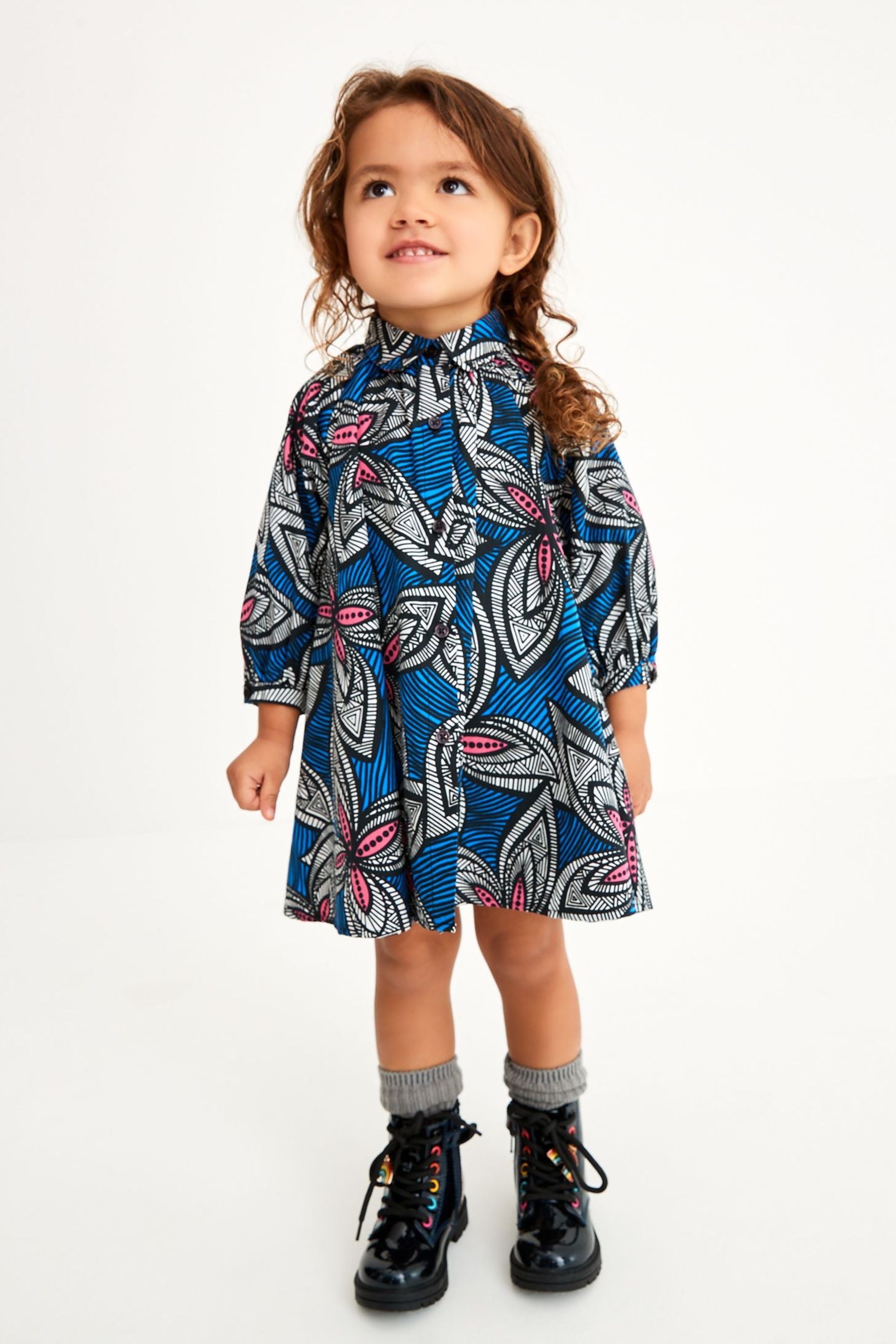 Cobalt Blue Tribal Print Cotton Volume Shirt Dress (3mths-7yrs)