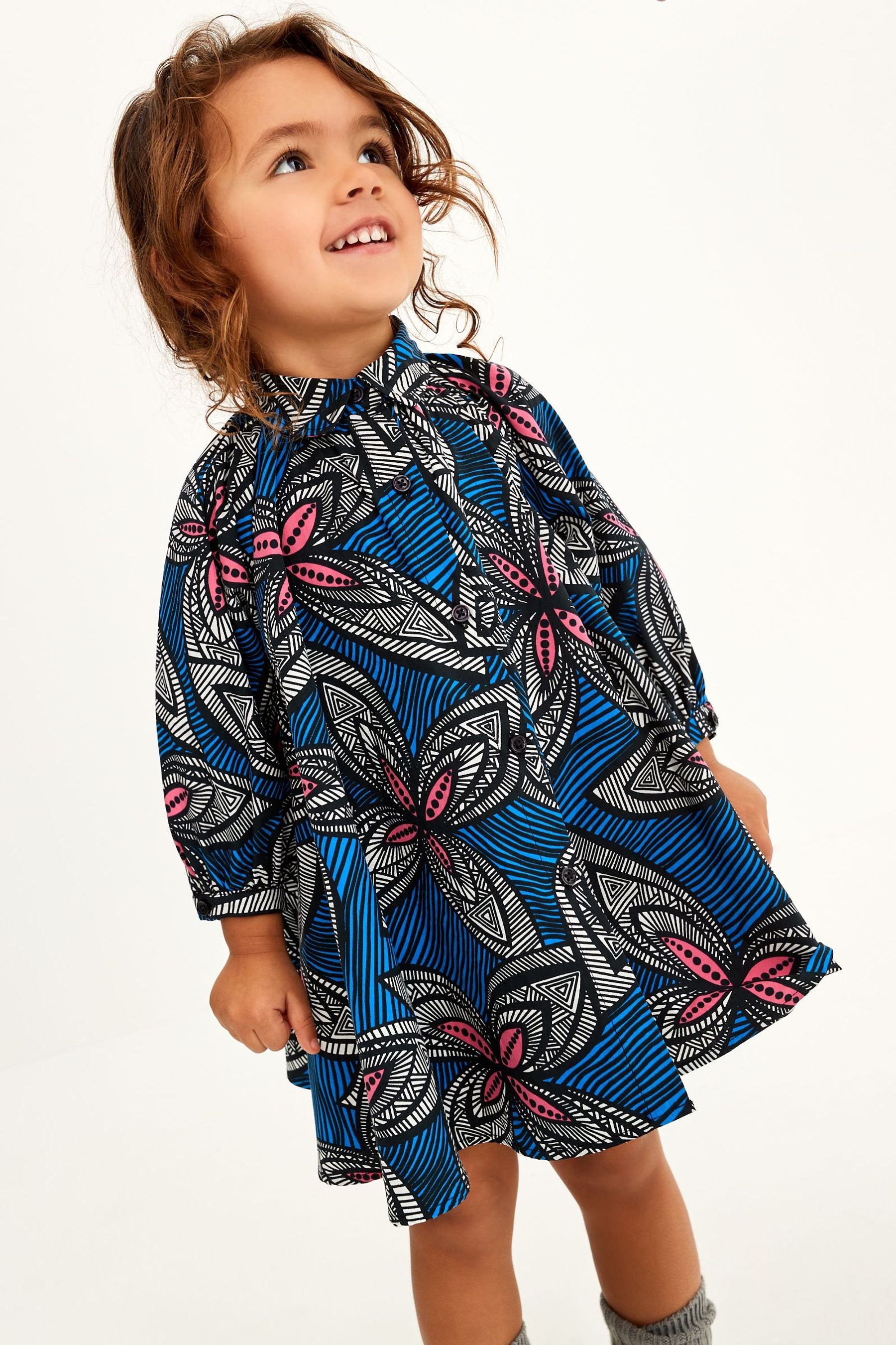 Cobalt Blue Tribal Print Cotton Volume Shirt Dress (3mths-7yrs)