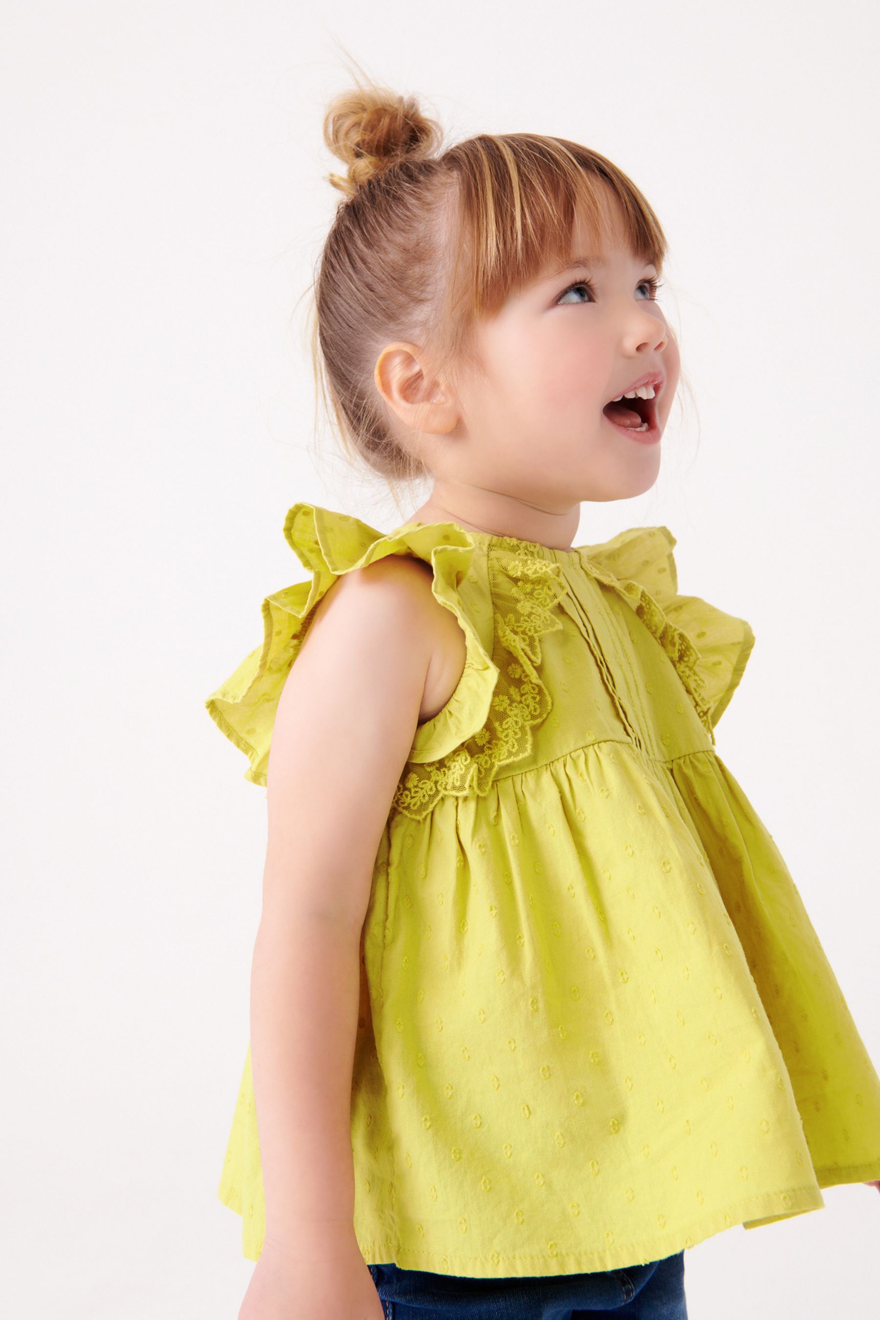 Chartreuse Green Lace Trim Cotton Blouse (3mths-7yrs)