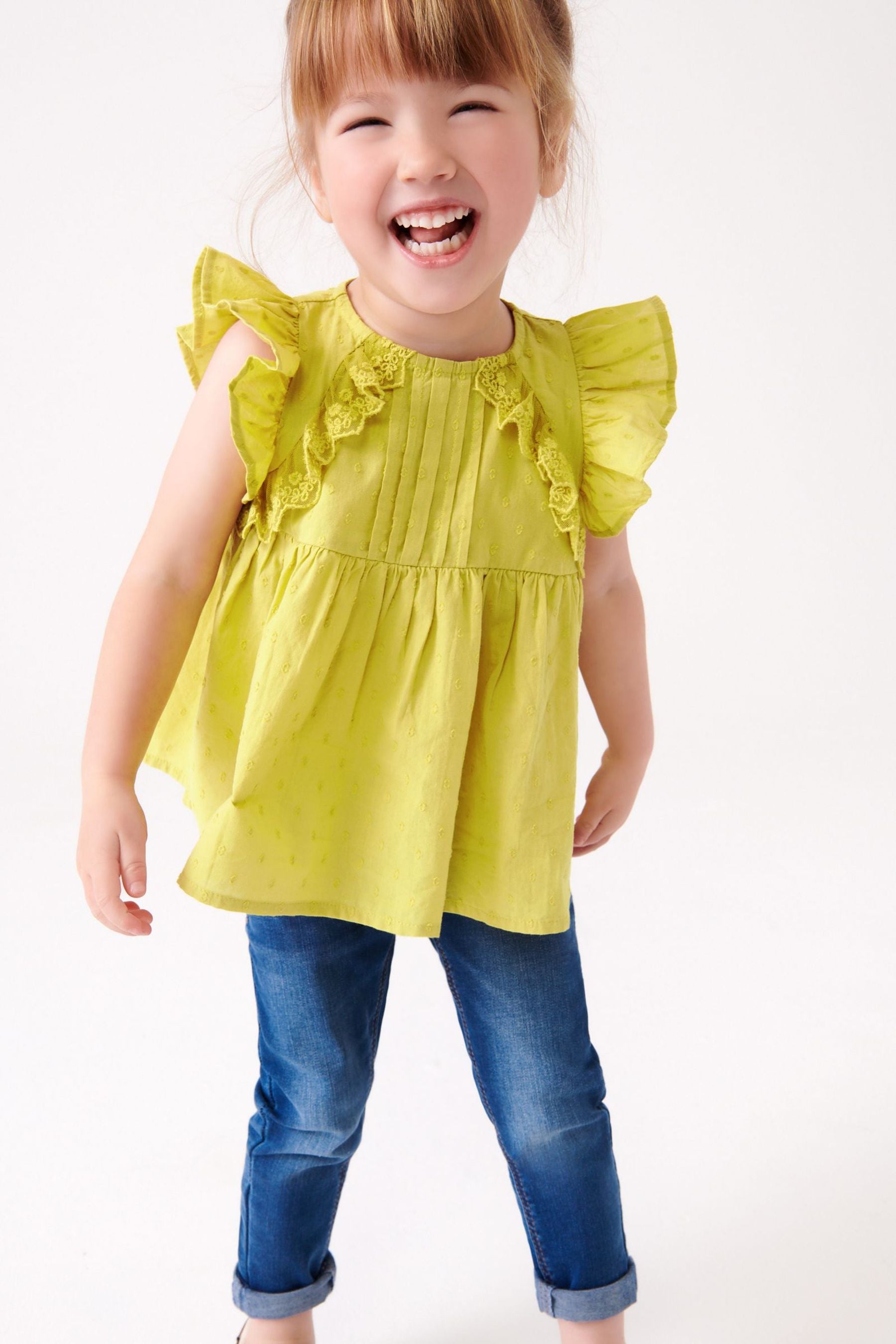 Chartreuse Green Lace Trim Cotton Blouse (3mths-7yrs)