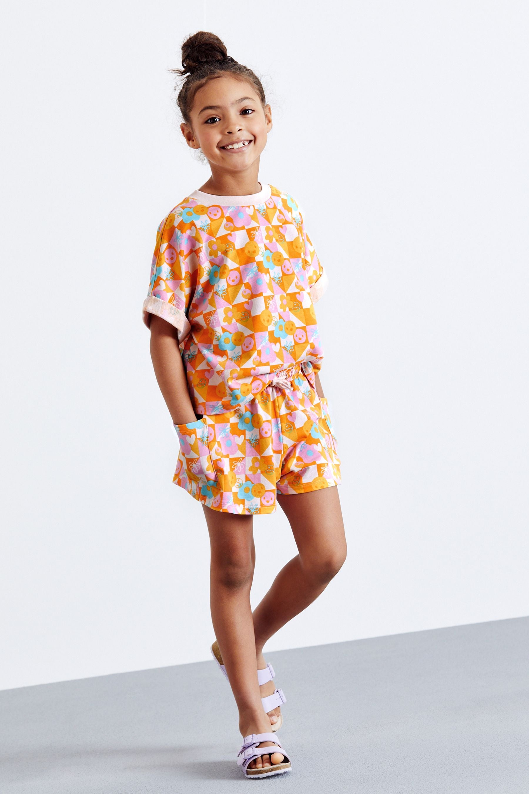 Orange Abstract Print T-Shirt & Shorts Set (3-16yrs)