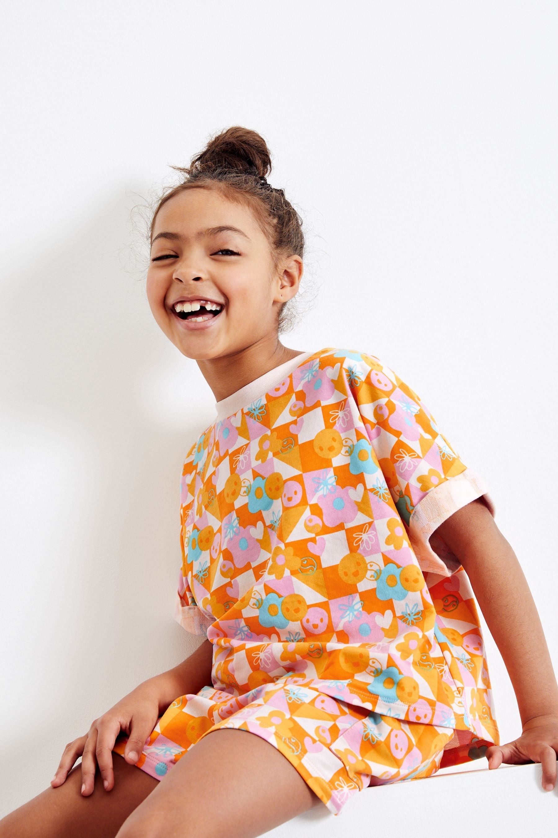 Orange Abstract Print T-Shirt & Shorts Set (3-16yrs)