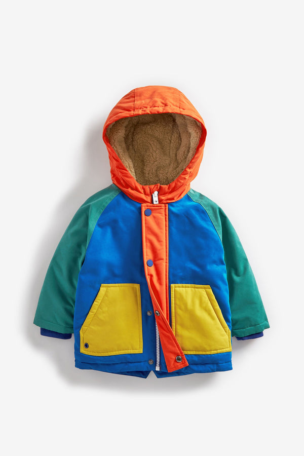 Blue/Red/Green Colourblock Teddy Lined Shower Resistant Coat (3mths-7yrs)