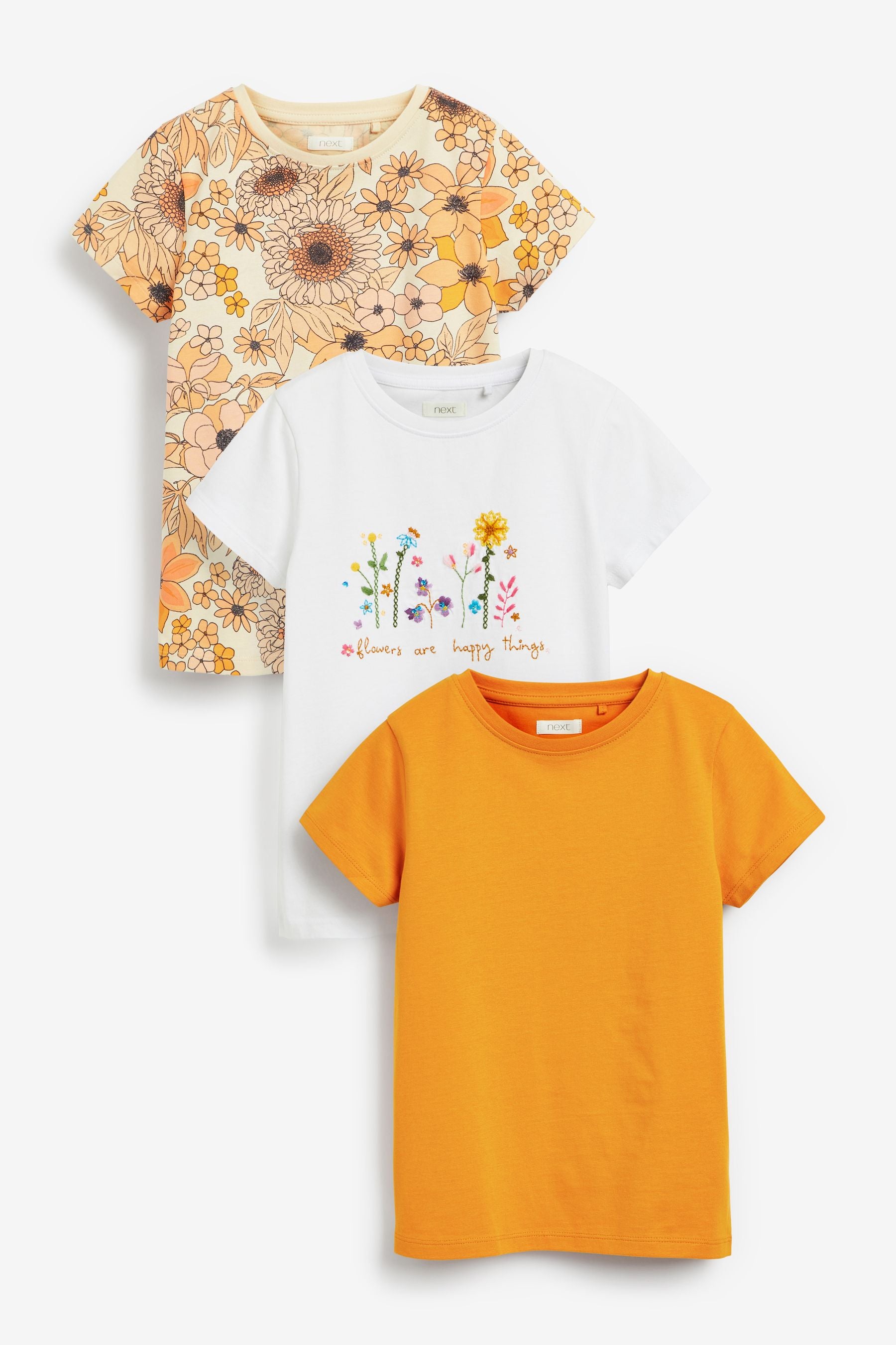 Ochre Yellow 3 Pack Embroidered Floral Short Sleeve T-Shirts (3-16yrs)