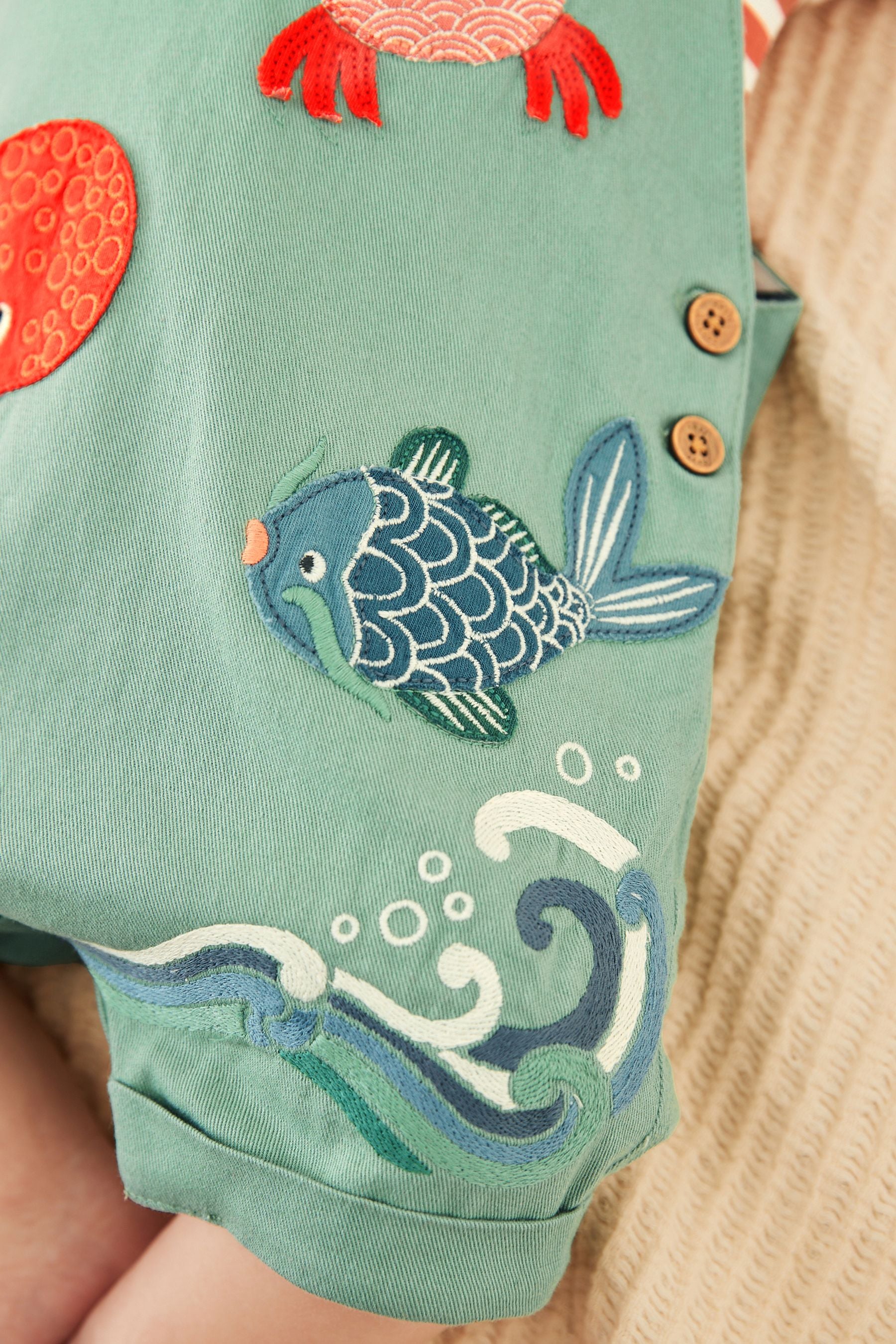 Blue/Green Sealife Appliqu Baby 2 Piece Denim Dungaree and Bodysuit Set (0mths-2