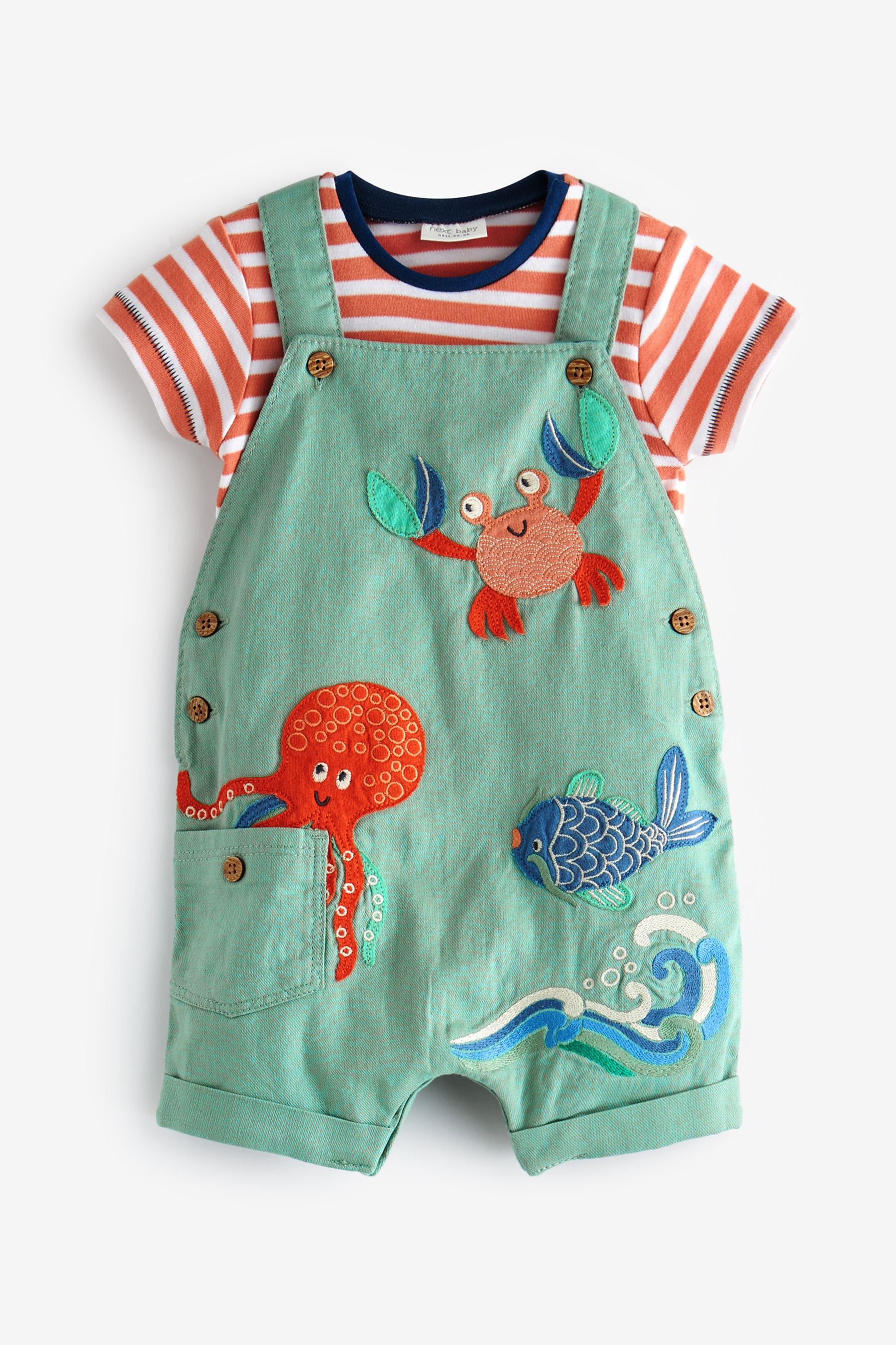 Blue/Green Sealife Appliqu Baby 2 Piece Denim Dungaree and Bodysuit Set (0mths-2