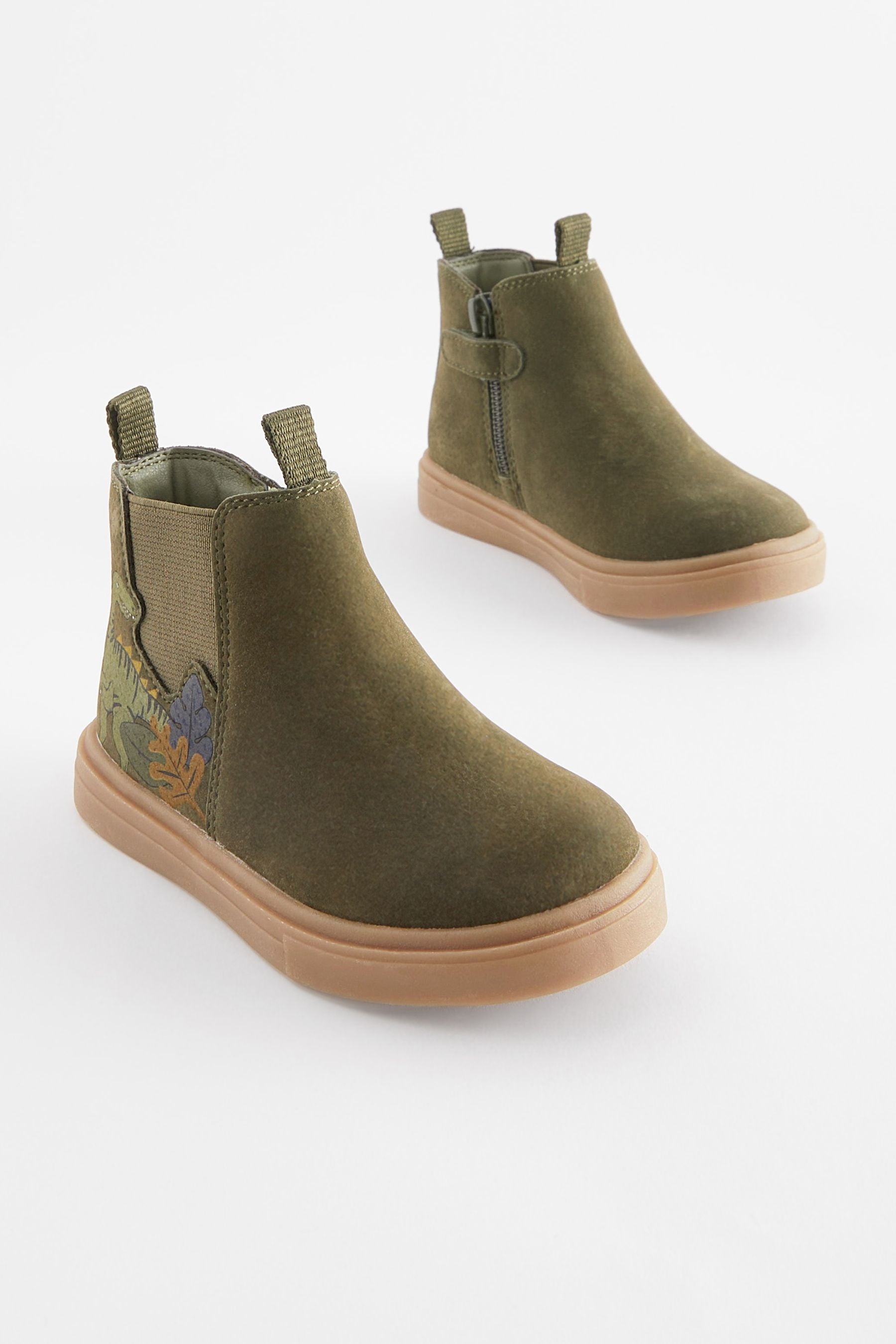 Khaki Green Dino Chelsea Boots with Zip Fastening