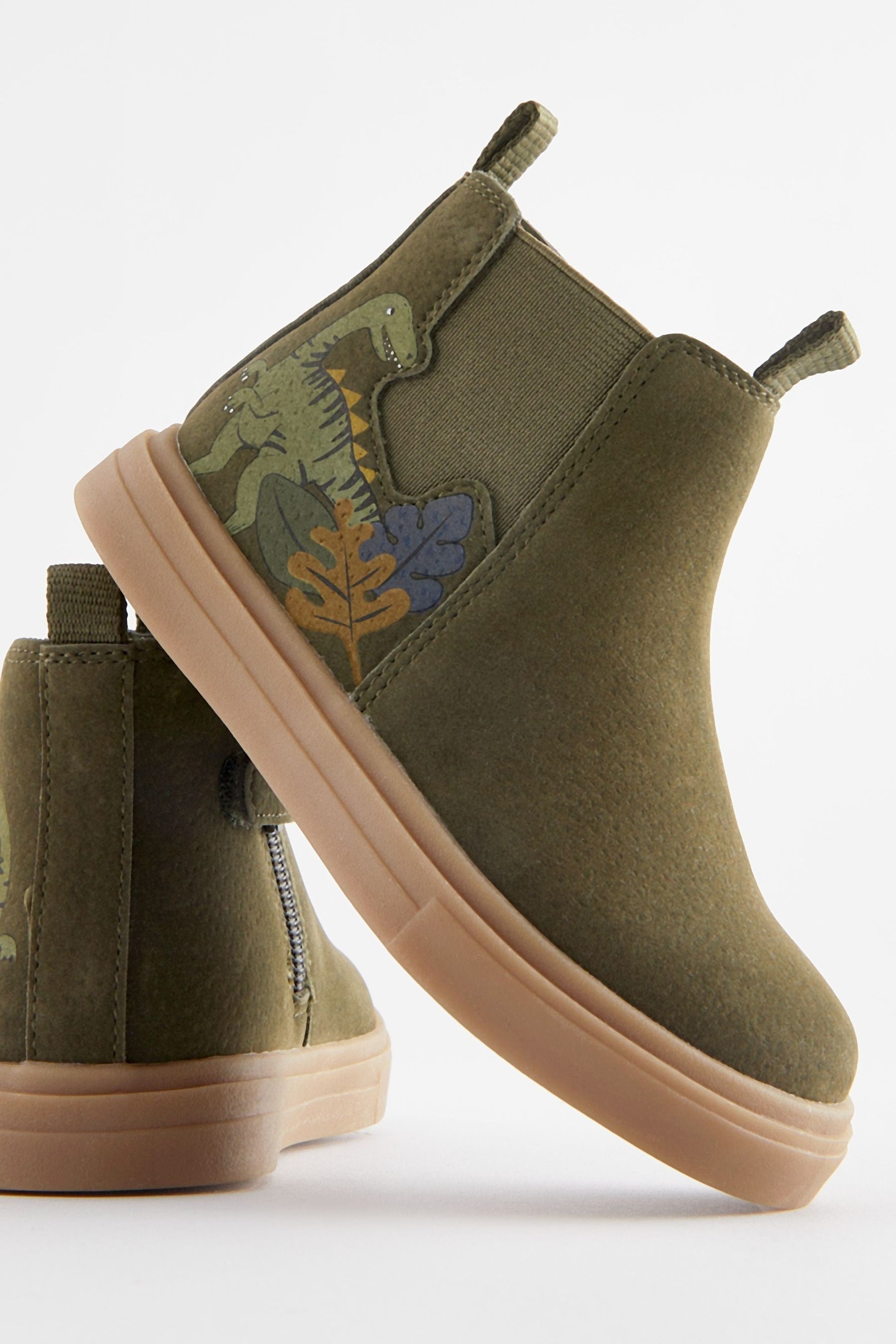 Khaki Green Dino Chelsea Boots with Zip Fastening