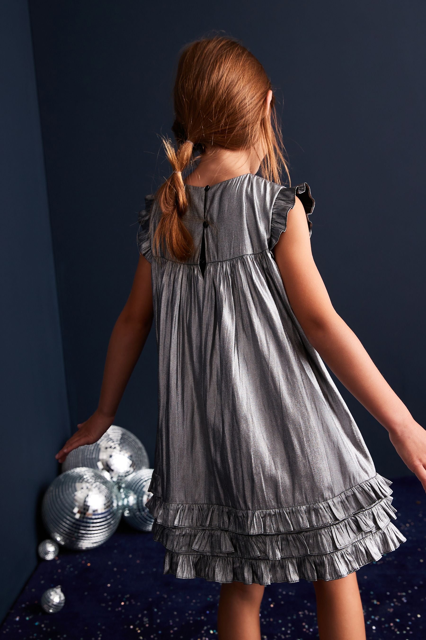 Silver Metallic Frill Dress (3-16yrs)