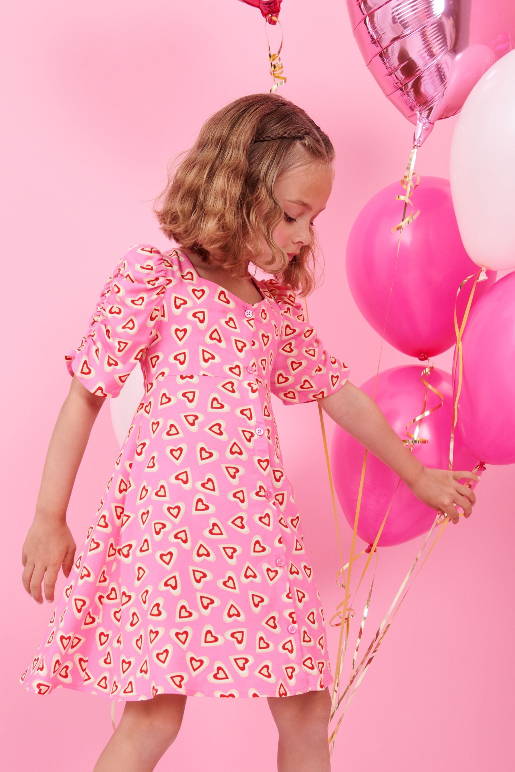 Pink/Red Heart Print Ruched Sleeve Dress (3-16yrs)