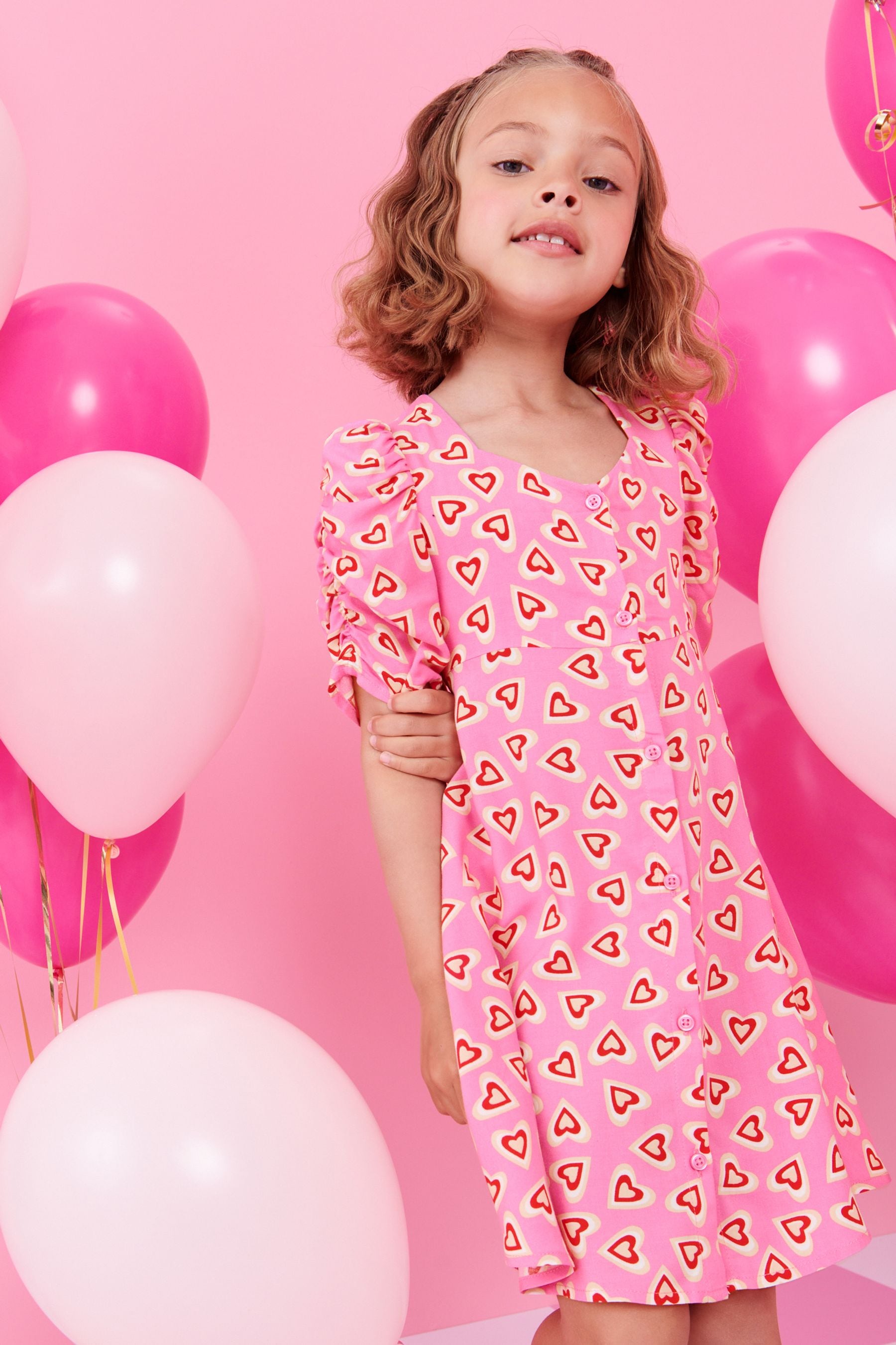 Pink/Red Heart Print Ruched Sleeve Dress (3-16yrs)