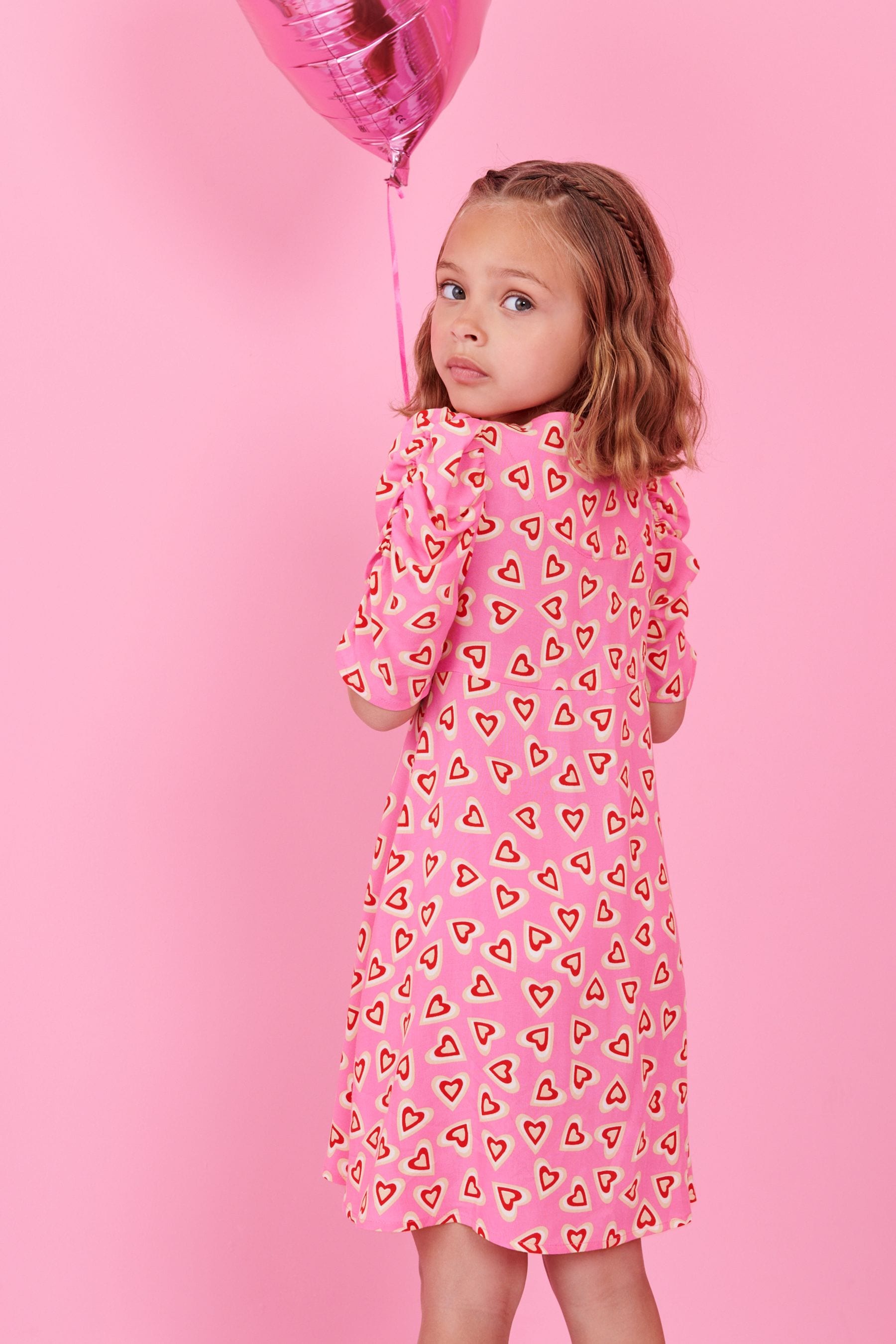 Pink/Red Heart Print Ruched Sleeve Dress (3-16yrs)