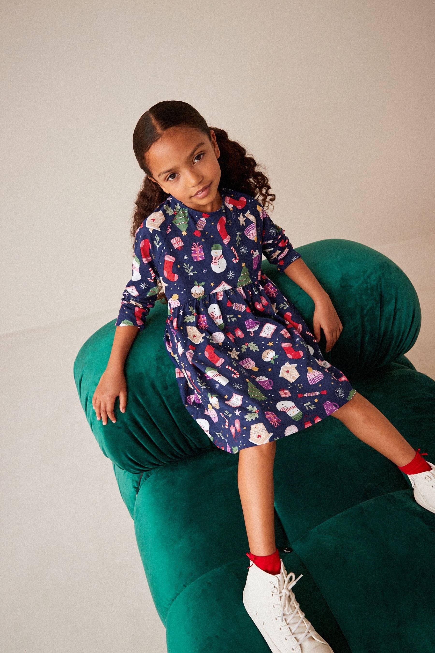 Navy Blue Christmas Print Long Sleeve Jersey Dress (3-16yrs)