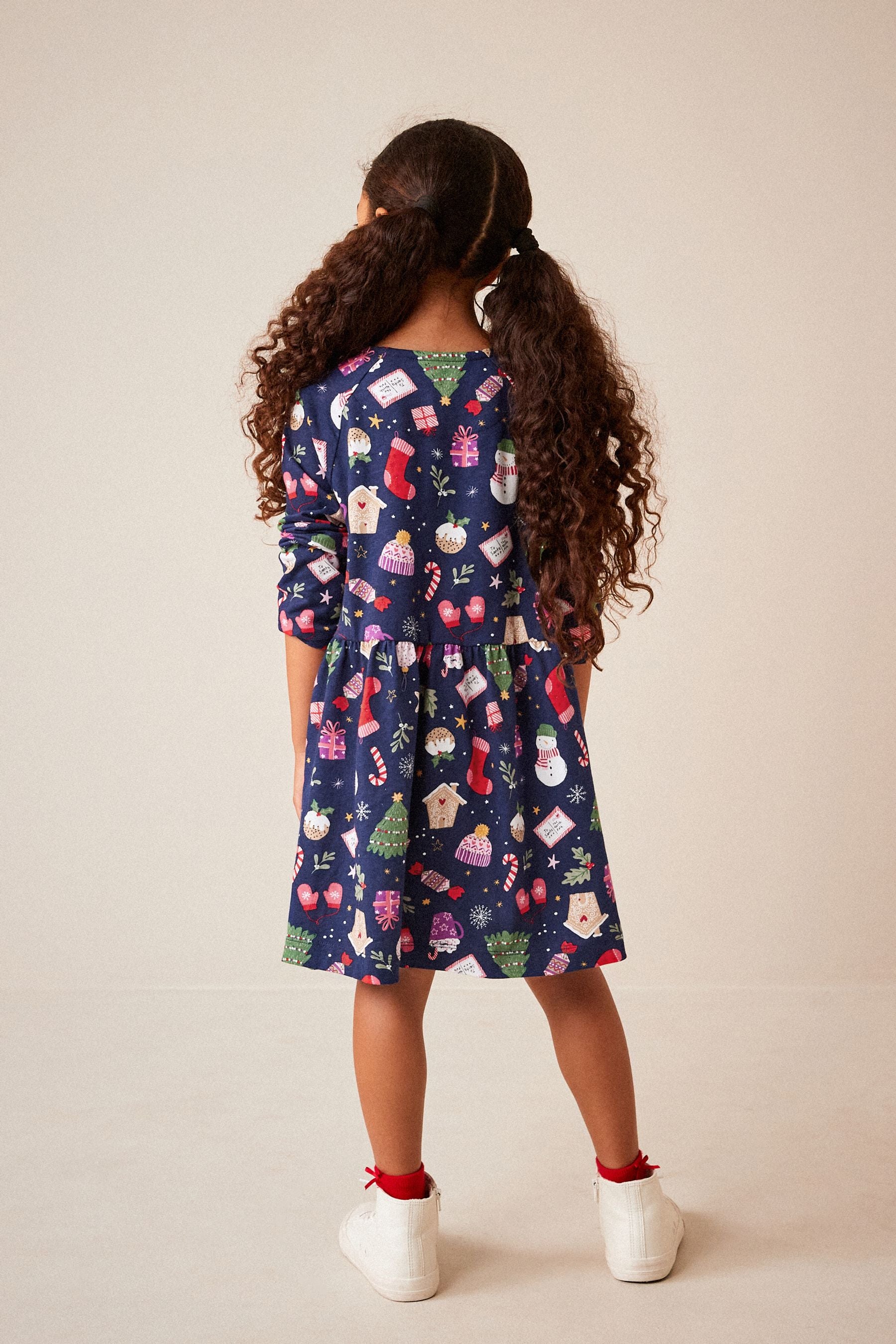 Navy Blue Christmas Print Long Sleeve Jersey Dress (3-16yrs)