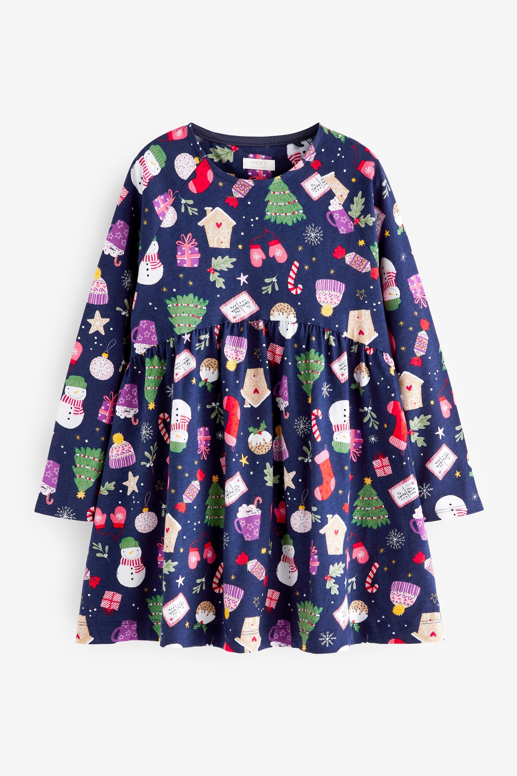 Navy Blue Christmas Print Long Sleeve Jersey Dress (3-16yrs)