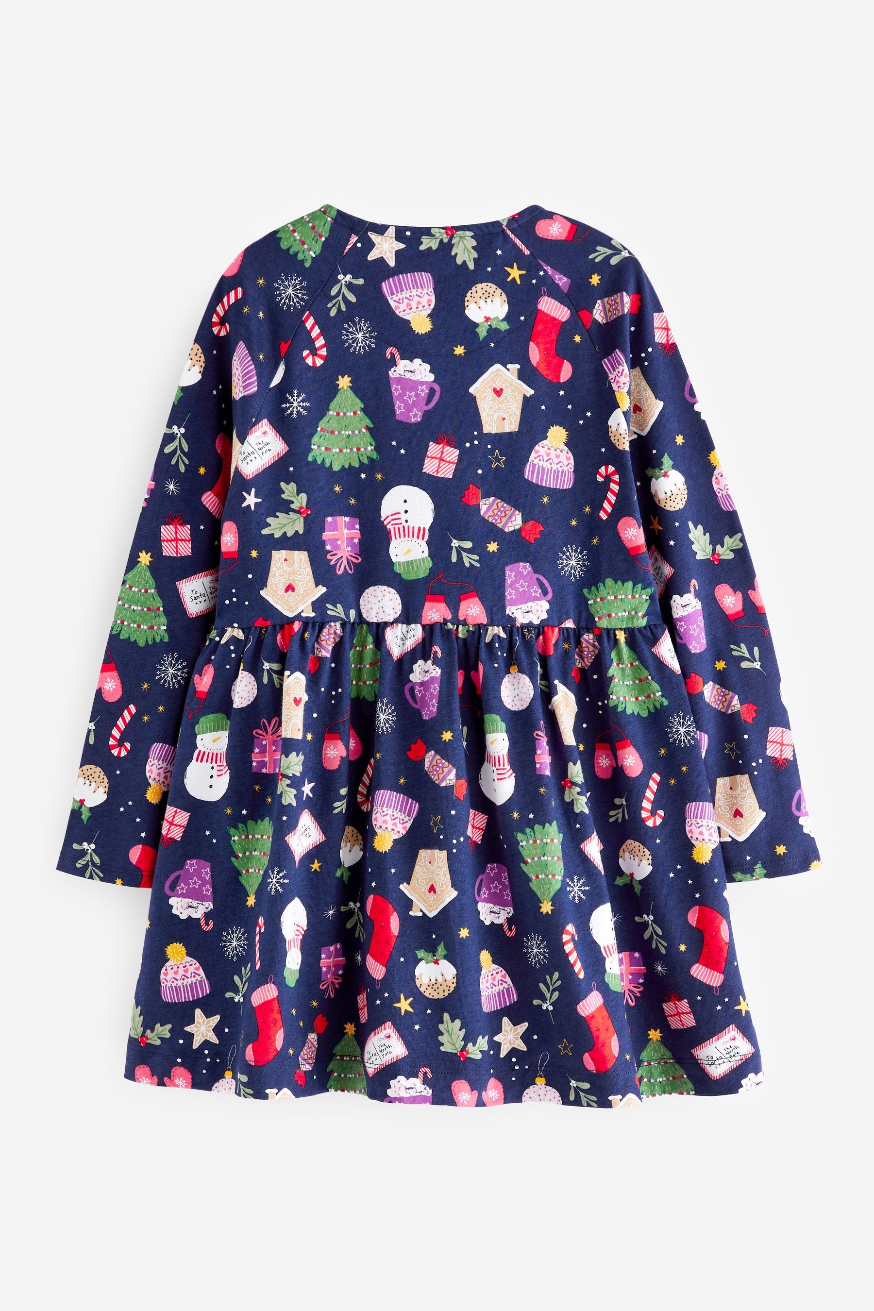 Navy Blue Christmas Print Long Sleeve Jersey Dress (3-16yrs)